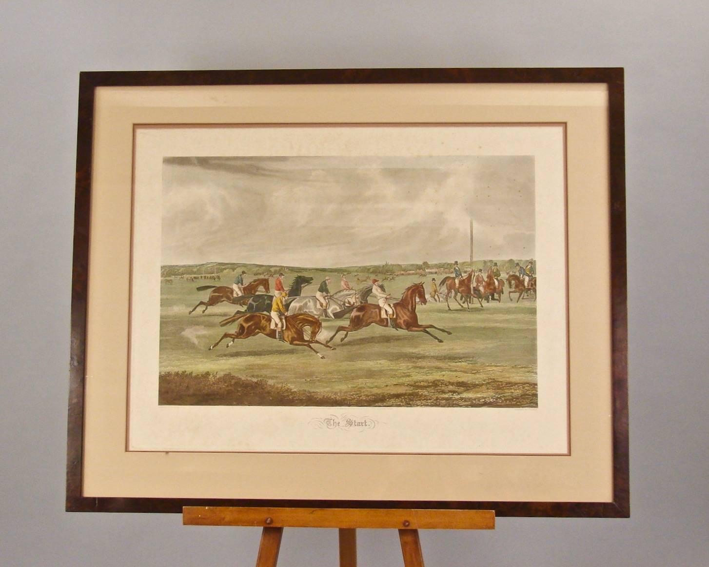 A pair of English colored engravings depicting the start and finish of a thoroughbred race, after original paintings by H. Alken, engraved by J. Harris. Published by R. Ackermann at his Eclipse Sporting Gallery in 1845. Now framed in a burled walnut