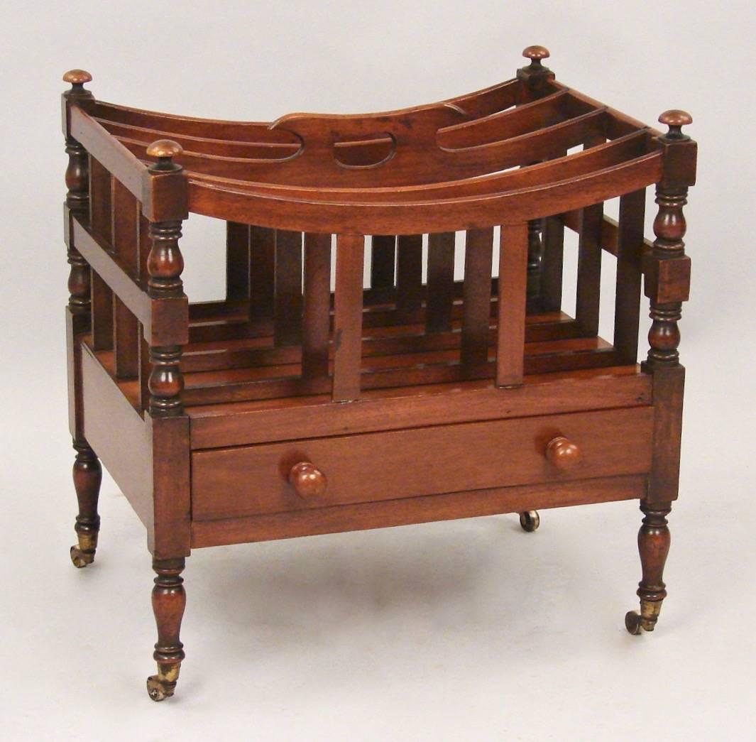 Brass Regency Mahogany Four Section Canterbury with Drawer and Carrying Handle