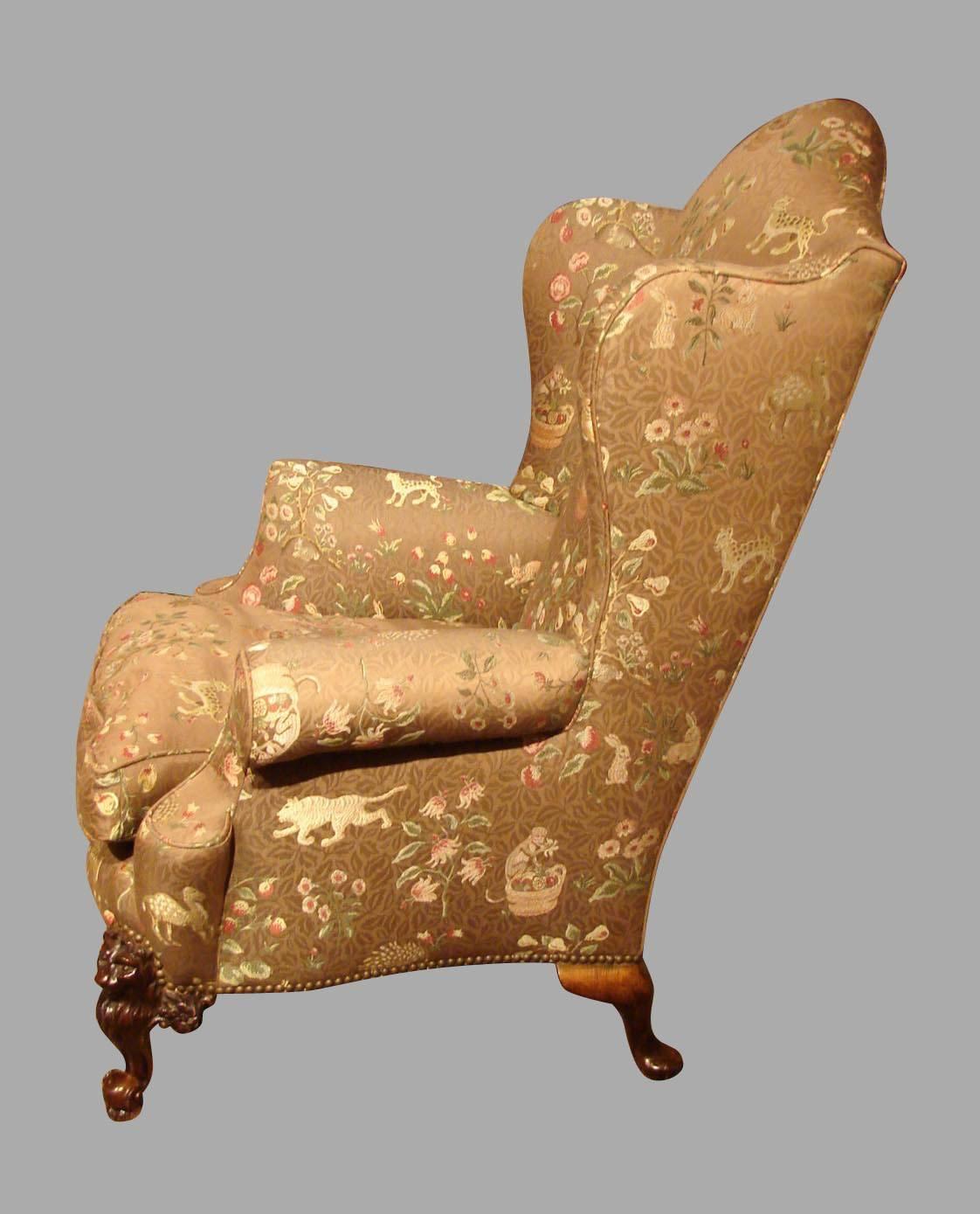 Pair of Victorian Style Beautifully Upholstered Wingback Armchairs In Excellent Condition In San Francisco, CA