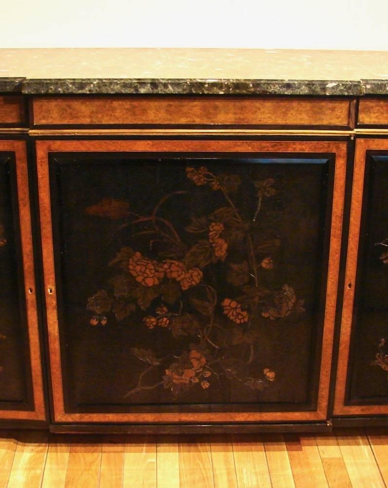 Veneer Elegant Louis XVI Style Burr Yew Wood Marble-Top Cabinet with Lacquer Panels