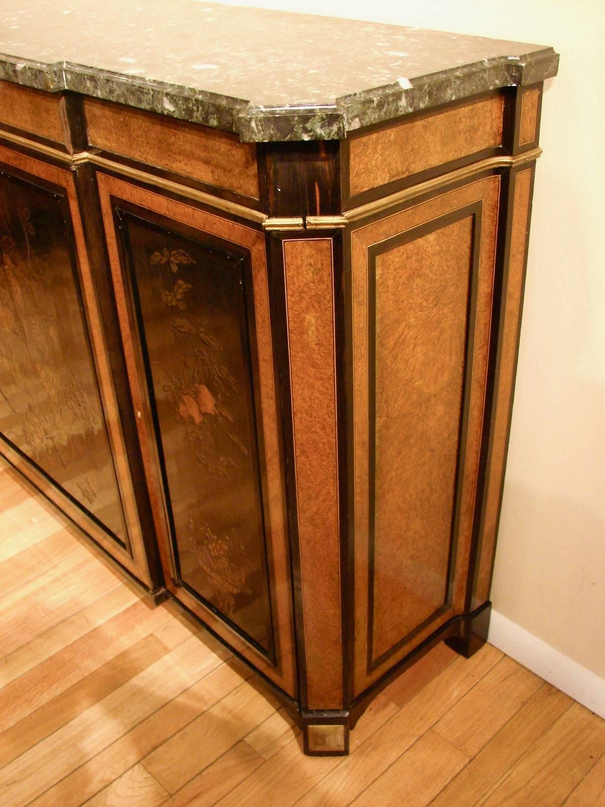Elegant Louis XVI Style Burr Yew Wood Marble-Top Cabinet with Lacquer Panels In Excellent Condition In San Francisco, CA