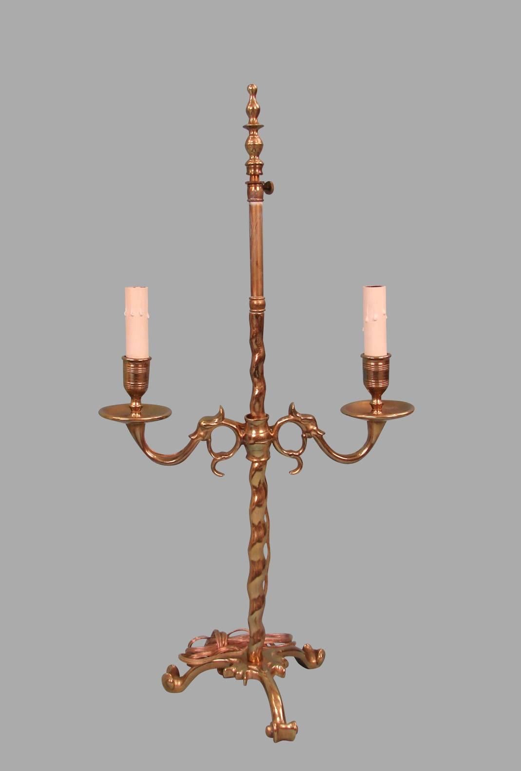 Pair of English Victorian Brass Adjustable Candelabra Now Electrified In Excellent Condition In San Francisco, CA