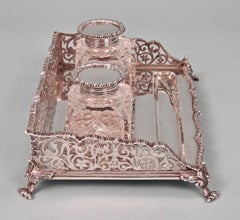 English Sterling Silver Standish with Two Cut-Glass Inkwells