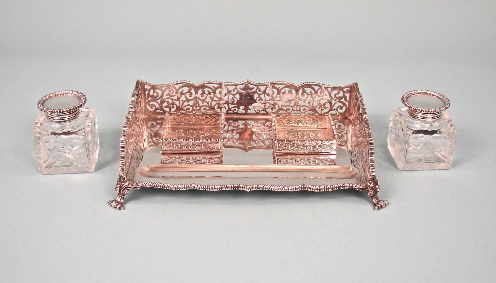 Late 19th Century English Sterling Silver Standish with Two Cut-Glass Inkwells