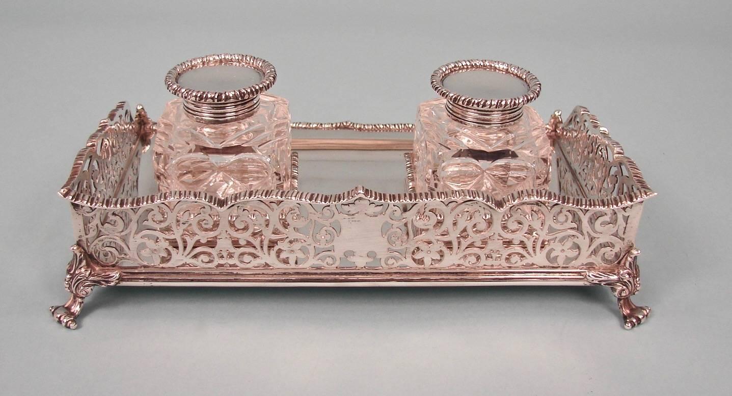 English Sterling Silver Standish with Two Cut-Glass Inkwells In Excellent Condition In San Francisco, CA