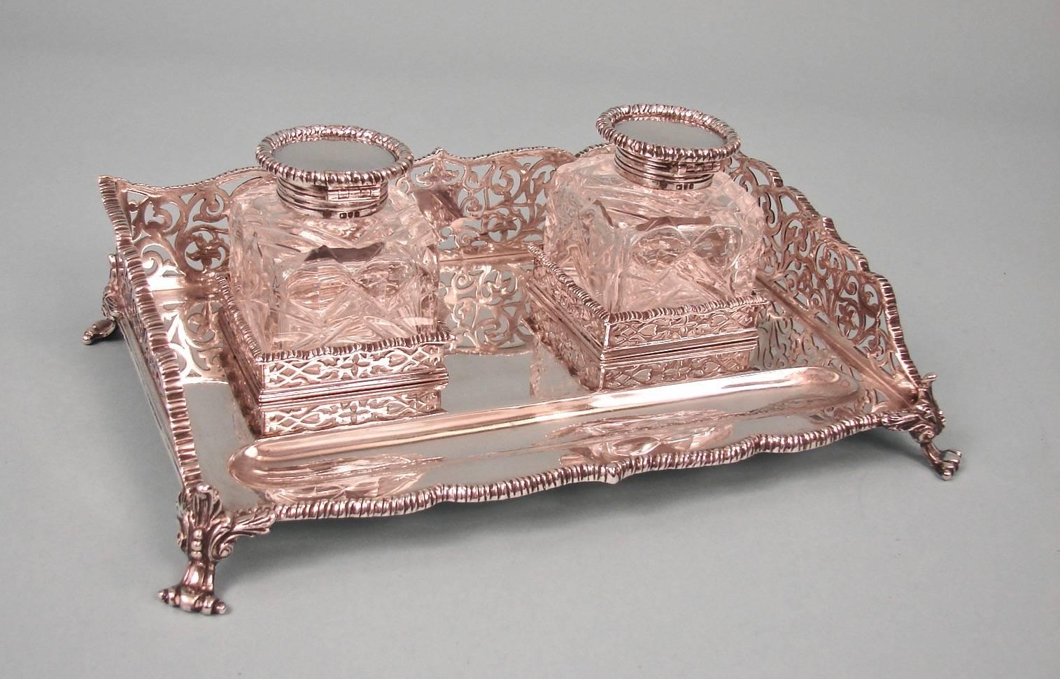 Victorian English Sterling Silver Standish with Two Cut-Glass Inkwells