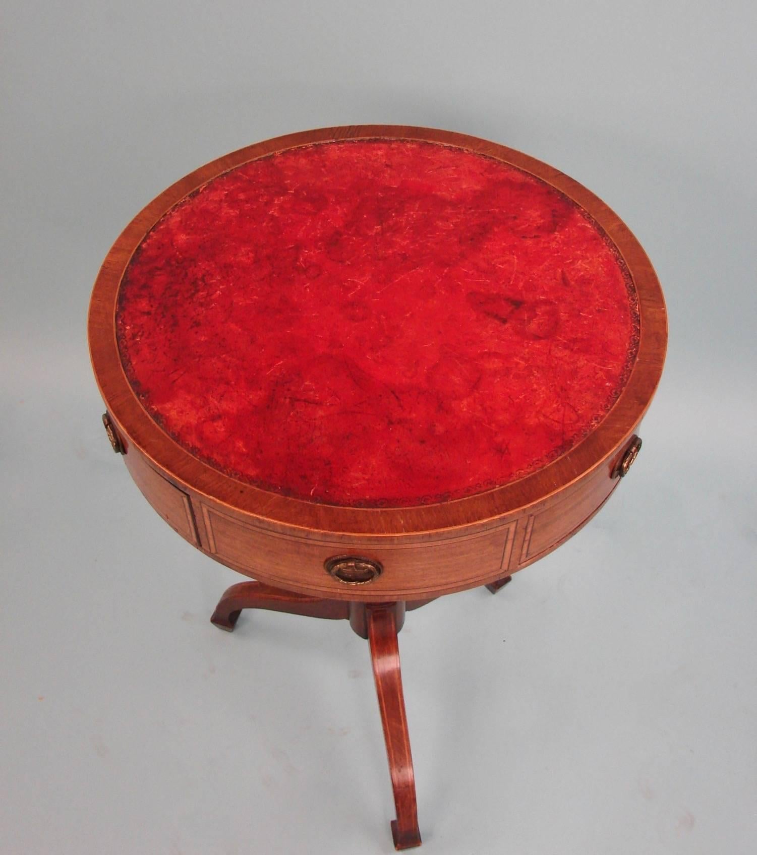 Regency Style Inlaid Mahogany Small Drum Table with Tooled Red Leather Top 2