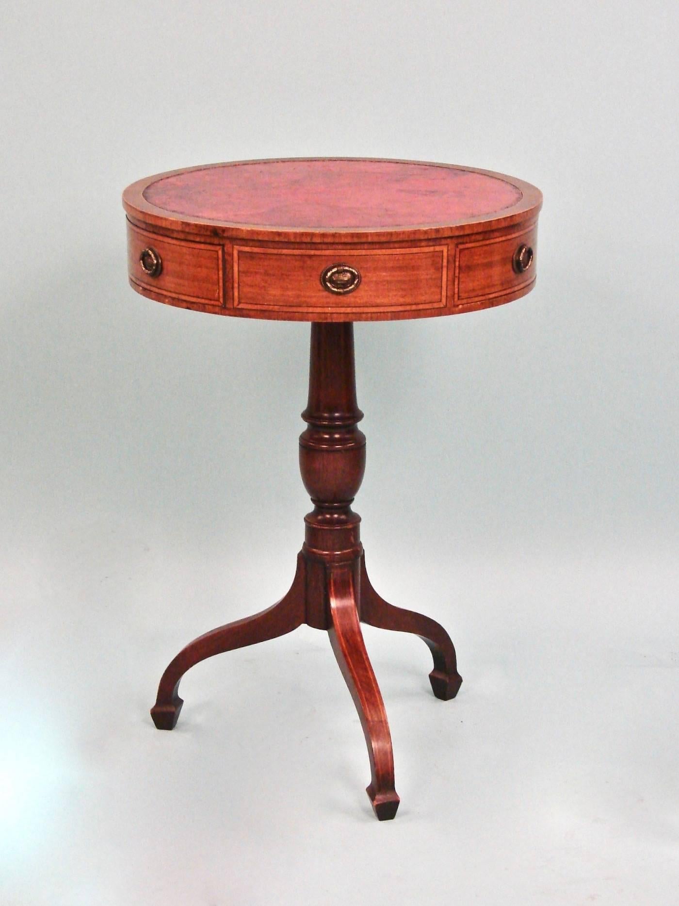 20th Century Regency Style Inlaid Mahogany Small Drum Table with Tooled Red Leather Top
