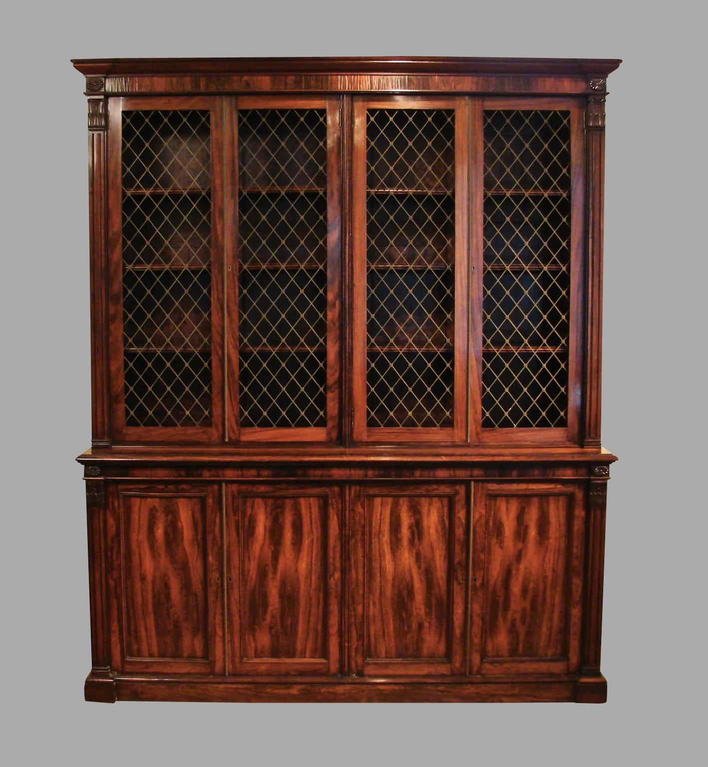 Regency Bookcase with Brass Grill Doors over Cabinets with Panelled Doors 3