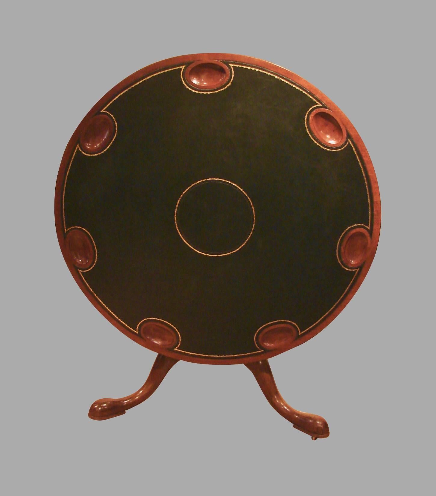 Round George III Mahogany Leather Tilt-Top Games Table with Wells In Excellent Condition In San Francisco, CA