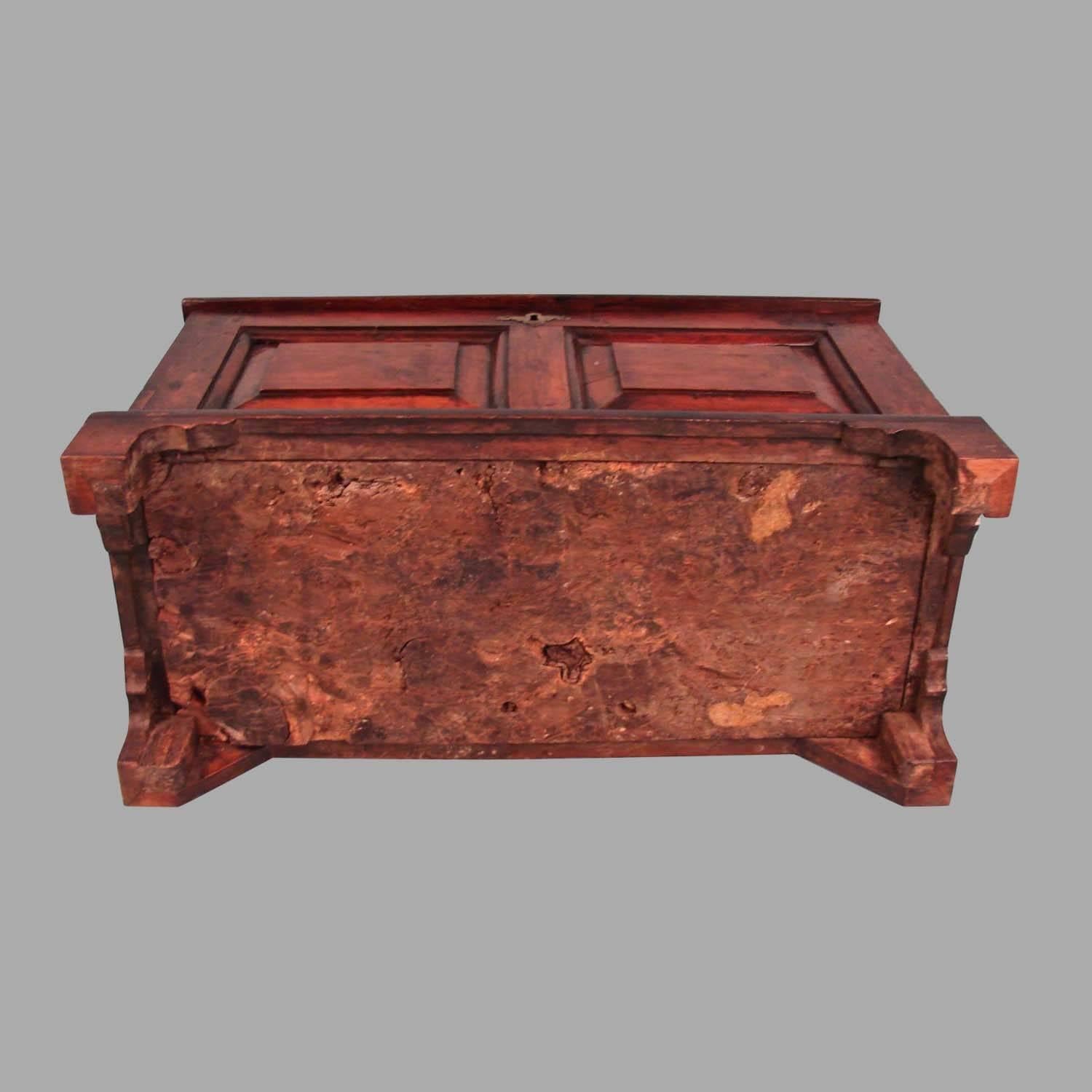 A small-scale fruitwood chest or coffer, the molded top over an inset panelled body supported on bracket feet, circa 1760.