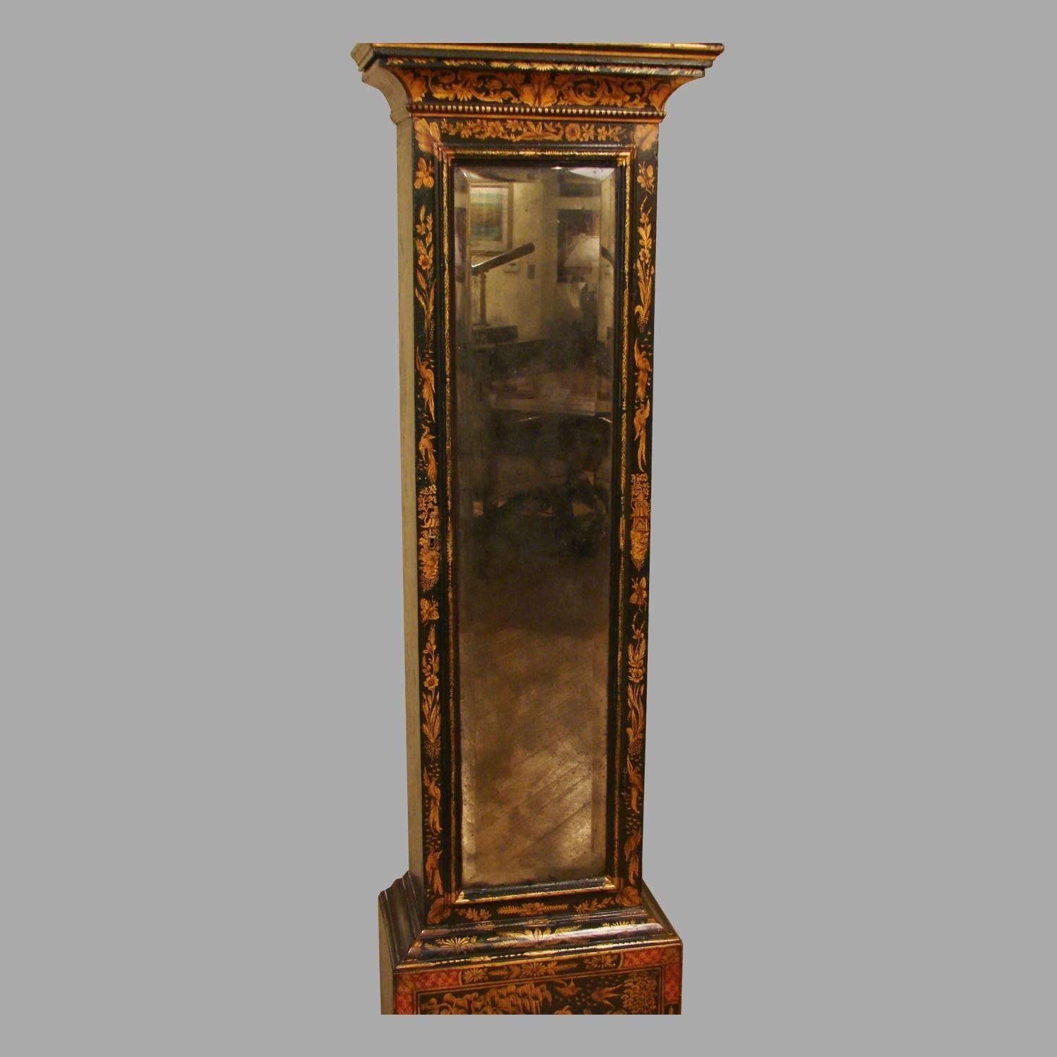English Fine George I Green Japanned Tall Case Clock with Mirrored Door by William King