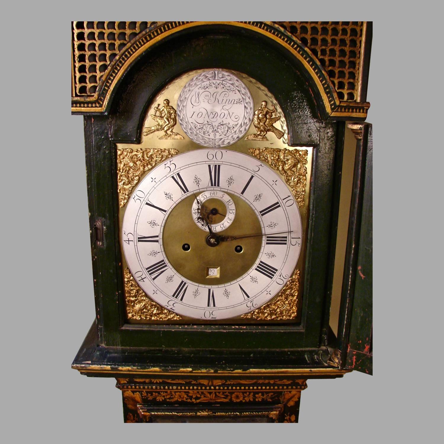 Early 18th Century Fine George I Green Japanned Tall Case Clock with Mirrored Door by William King