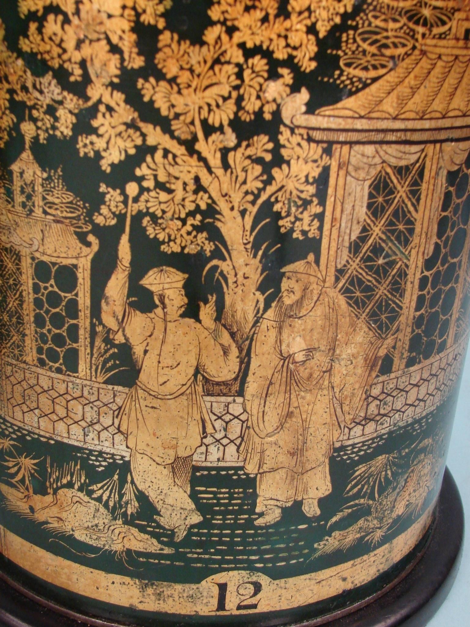 Gold Leaf Pair of Green and Gold Chinese Export Tea Canister Lamps