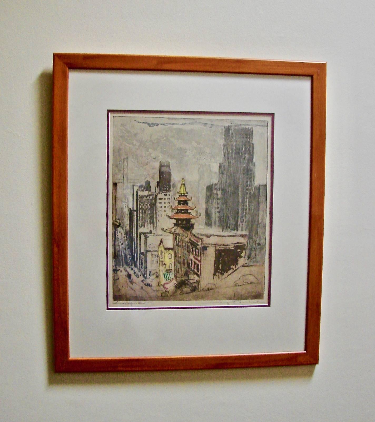 A fine colored soft ground etching and aquatint by Max Pollack depicting California Street in San Francisco, signed in pencil lower right and described and numbered 86 of 100 lower left. Max Pollack was an outstanding Austrian-American painter and