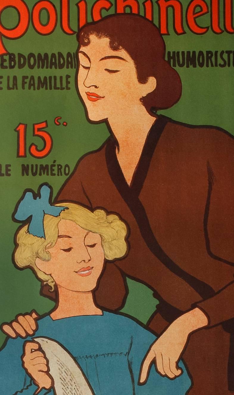 Designed by Maurice Realier-Dumas in 1896, this original antique poster for the weekly magazine “Polichinelle” shows mother and daughter reading this humorous publication. Appropriately, on the cover is Punchinello, the magazines namesake, the