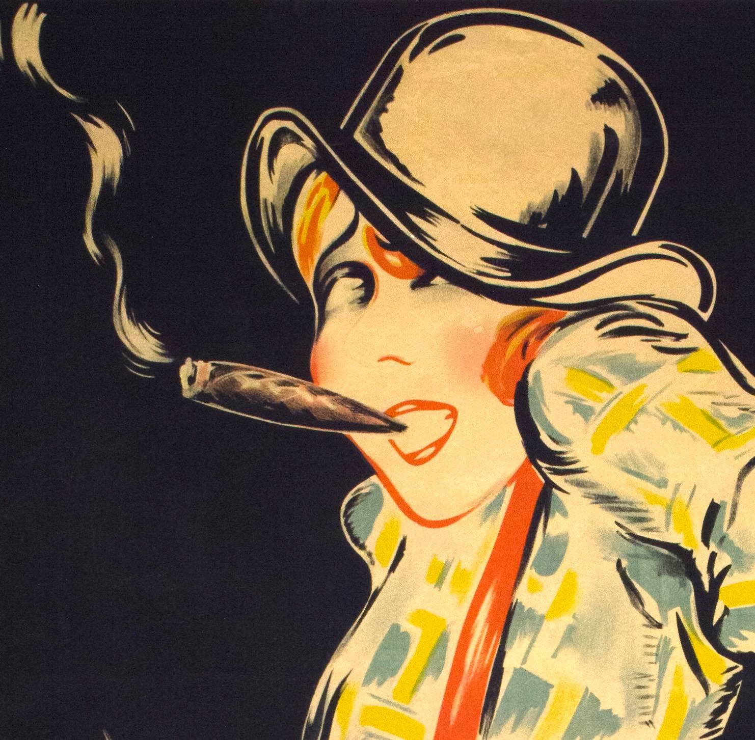 In this rare original 1920s poster, Rougemont captures the flamboyant spirit of the famous French actress and singer, Mistinguett seen with her wrists full of jewels, wearing suspenders and smoking a cigar as she  charismatically struts her stuff