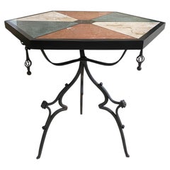 Mid-Century English gothic style iron side table with hexagonal marble inlay top