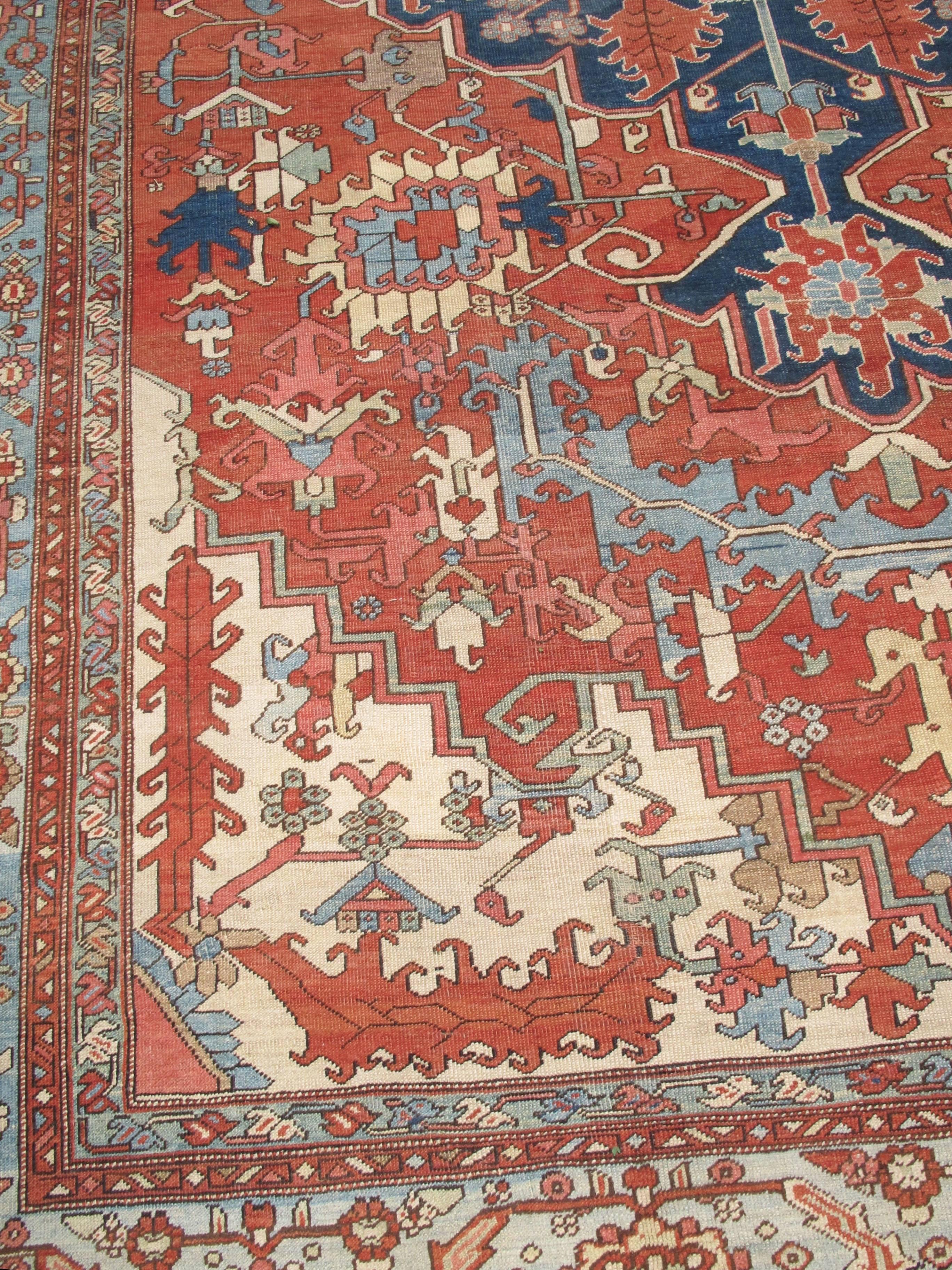 Wool Late 19th Century Red and Blue Indigo Serapi Carpet