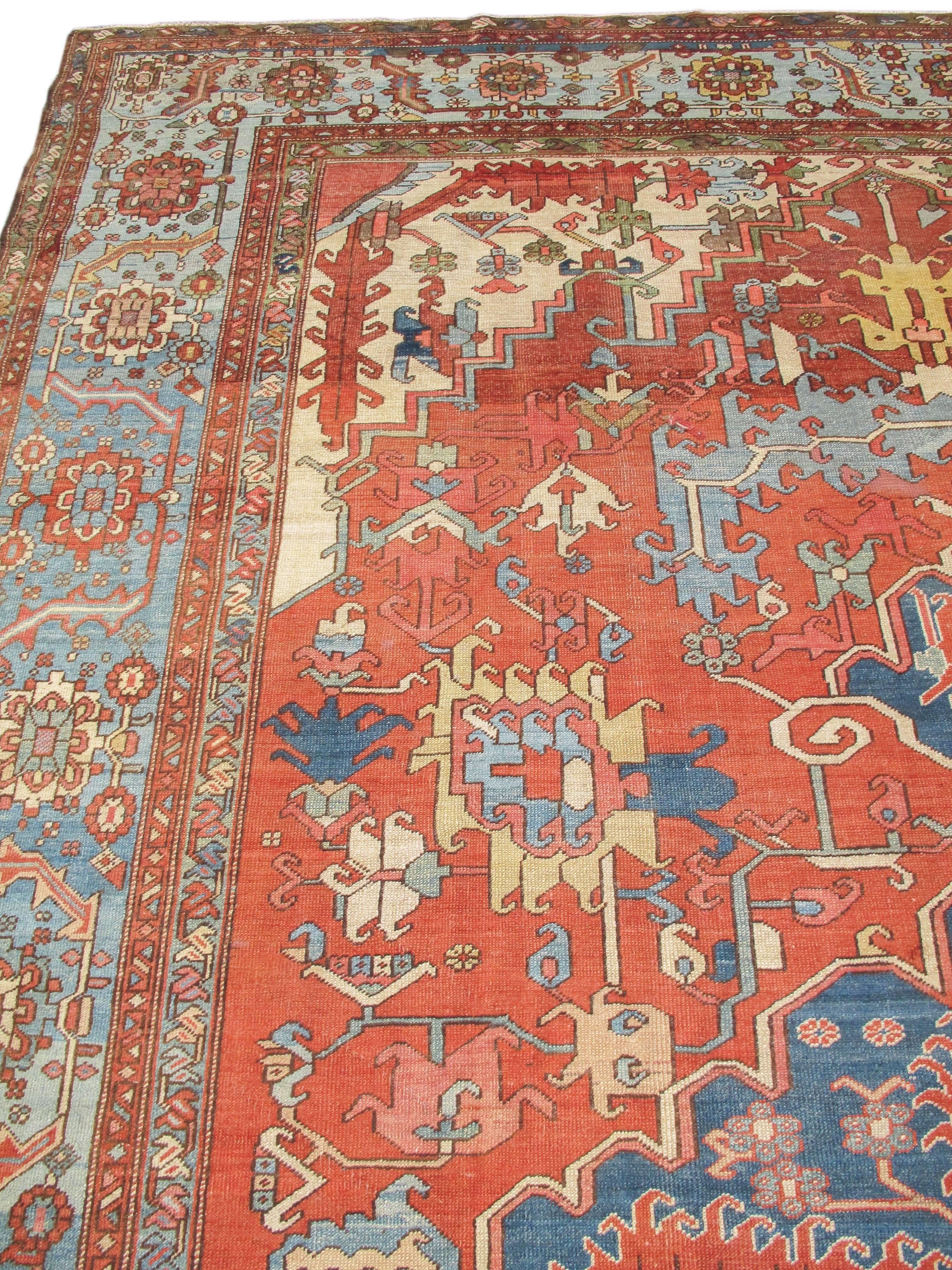 Late 19th Century Red and Blue Indigo Serapi Carpet 1