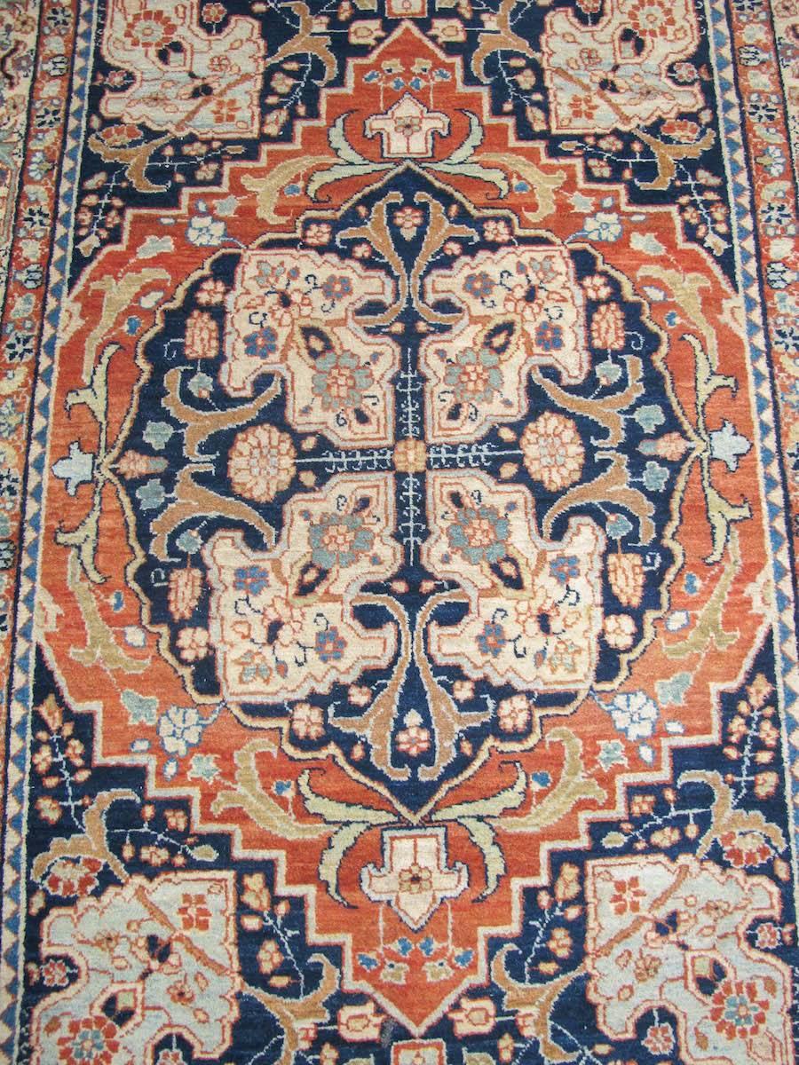 Late 19th Century Indigo and Ochre Yellow Tabriz Carpet In Excellent Condition In San Francisco, CA