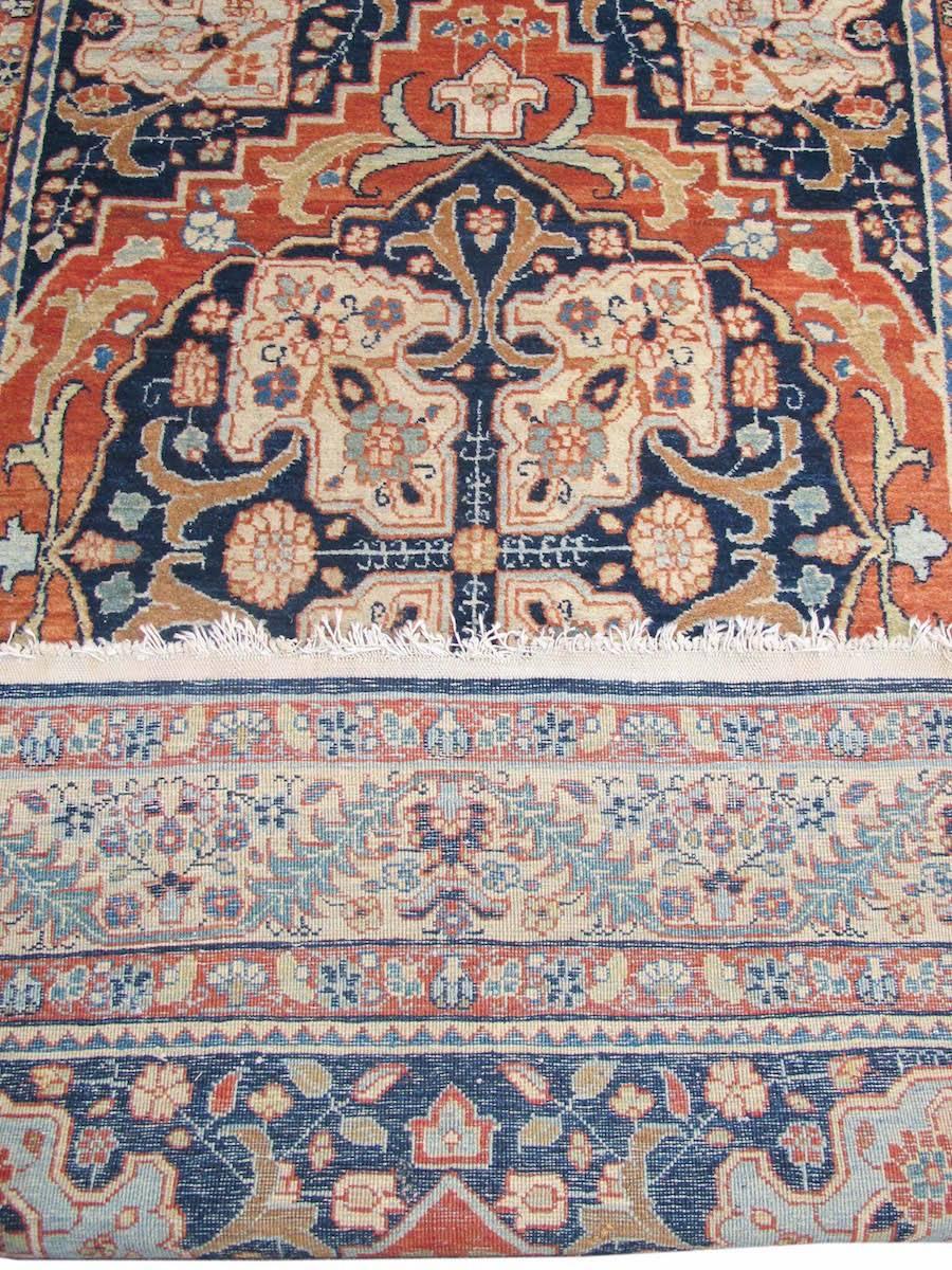 Hand-Woven Late 19th Century Indigo and Ochre Yellow Tabriz Carpet