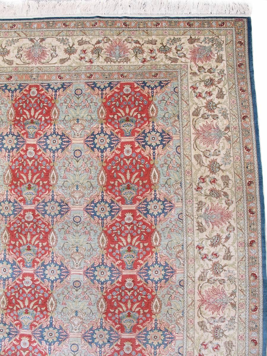 Hand-Woven Mid 20th Century Red Kayseri Silk Rug with Potted Flowers