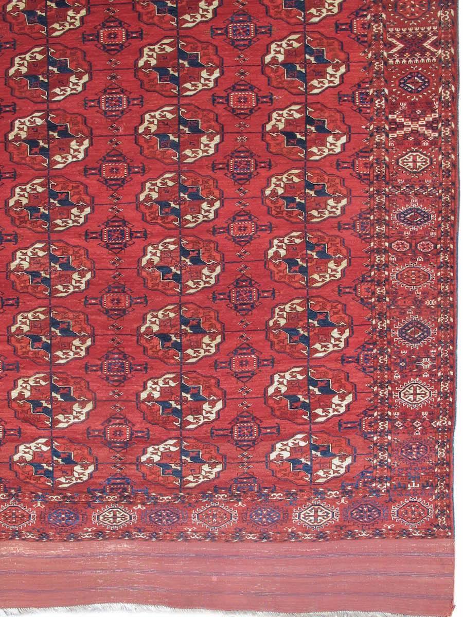 This classic Tekke Turkmen main carpet was most probably woven in the Akhal region of central Turkmenistan in the second half of the 19th century. The Tekke tribesman of this region grew wealthy largely through horse-breading, and the 'Akhal-Tekke'