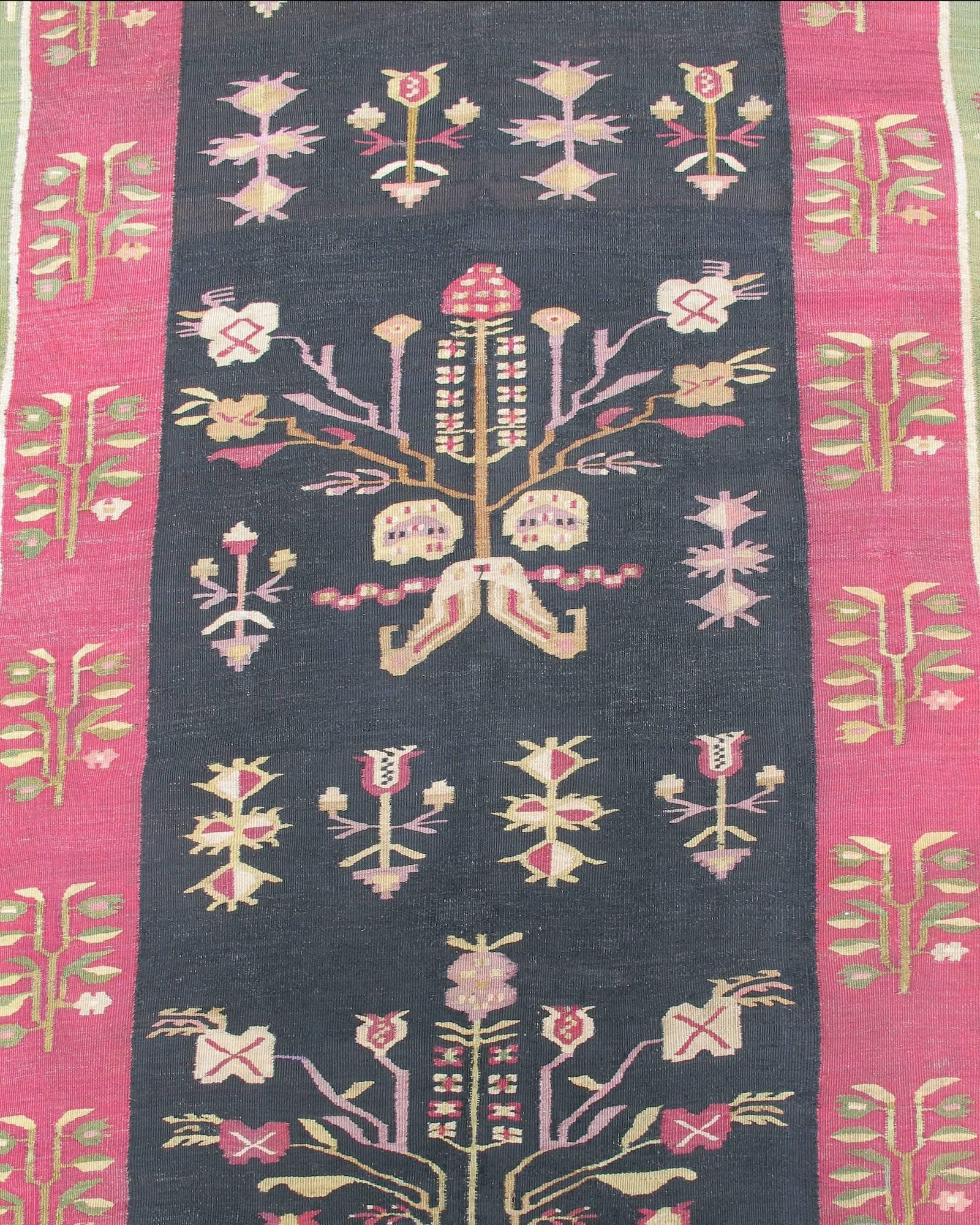 Hand-Woven Mid 19th Century Outstanding Floral Bessarabian Kilim with Light Green Border For Sale