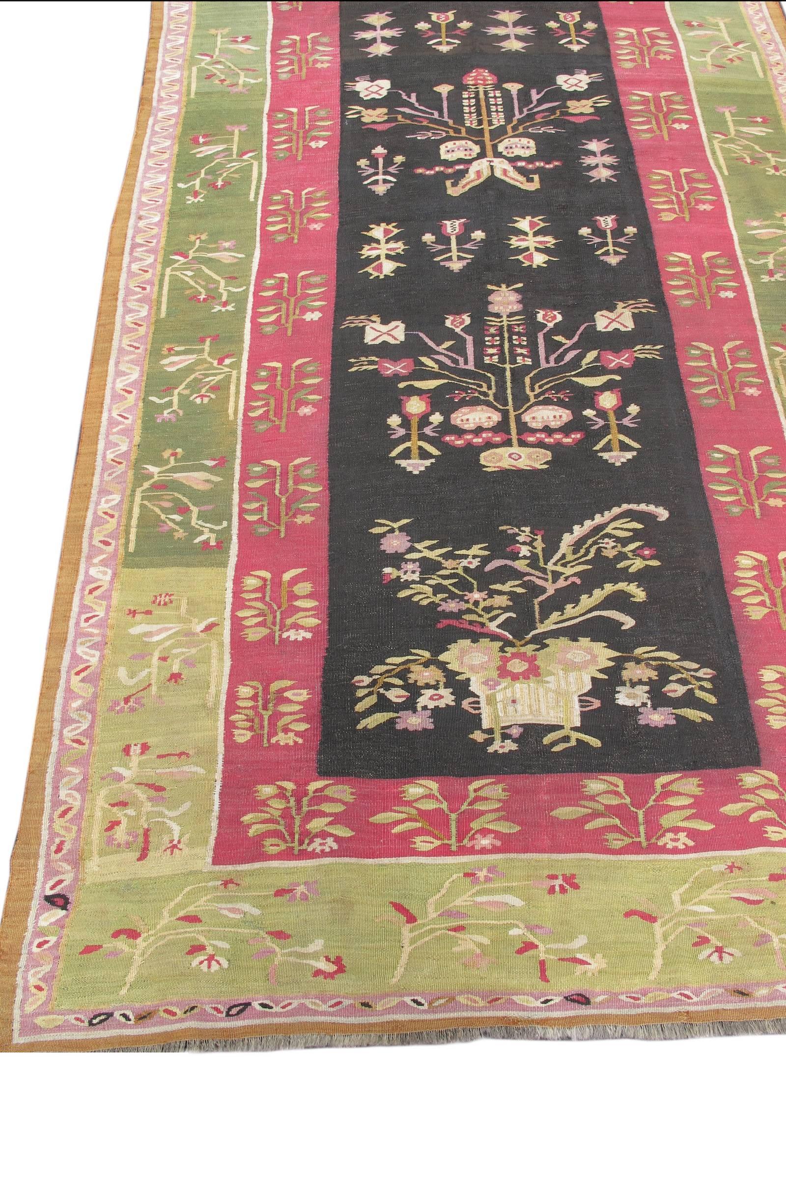 Wool Mid 19th Century Outstanding Floral Bessarabian Kilim with Light Green Border For Sale