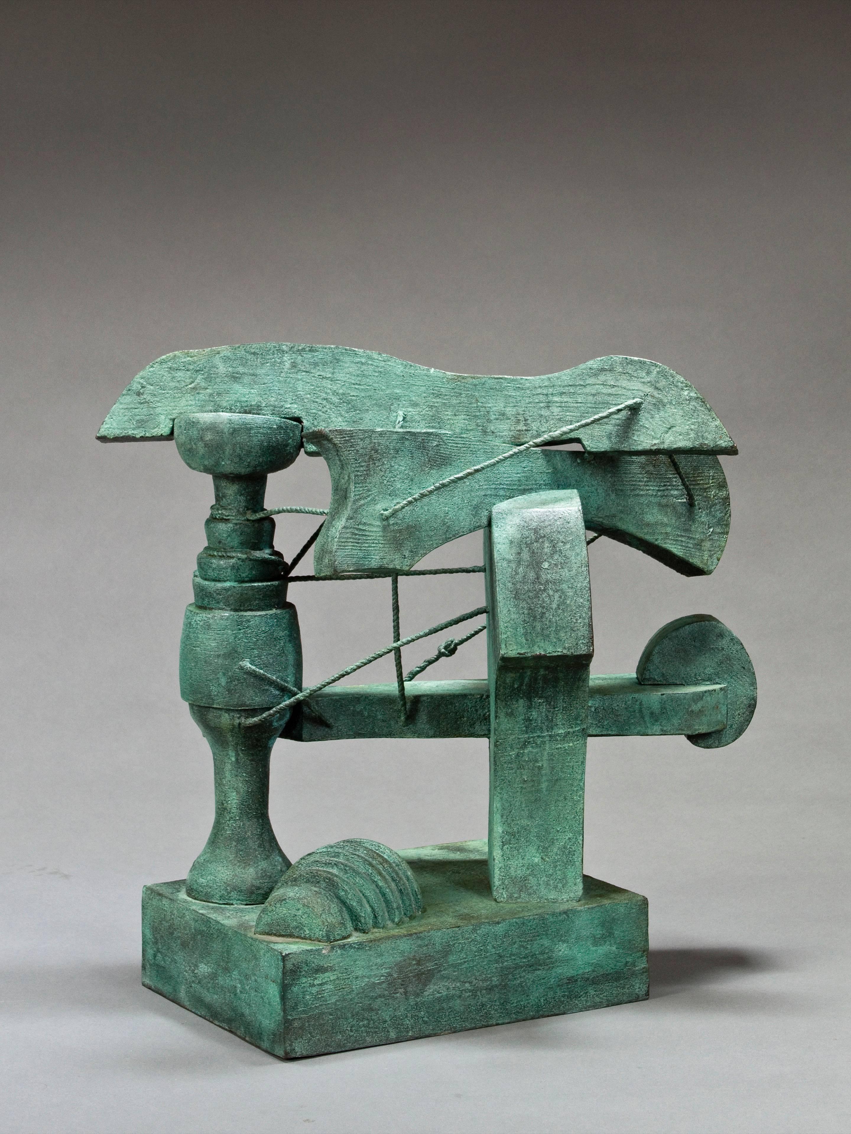 The patinated coppery-green abstract form composed of vertical risers supporting horizontal beams, on a rectangular plinth.  The figure is cast in an edition of six individually patinated copies. SIGNED: RJ
A Danish sculptor and painter who