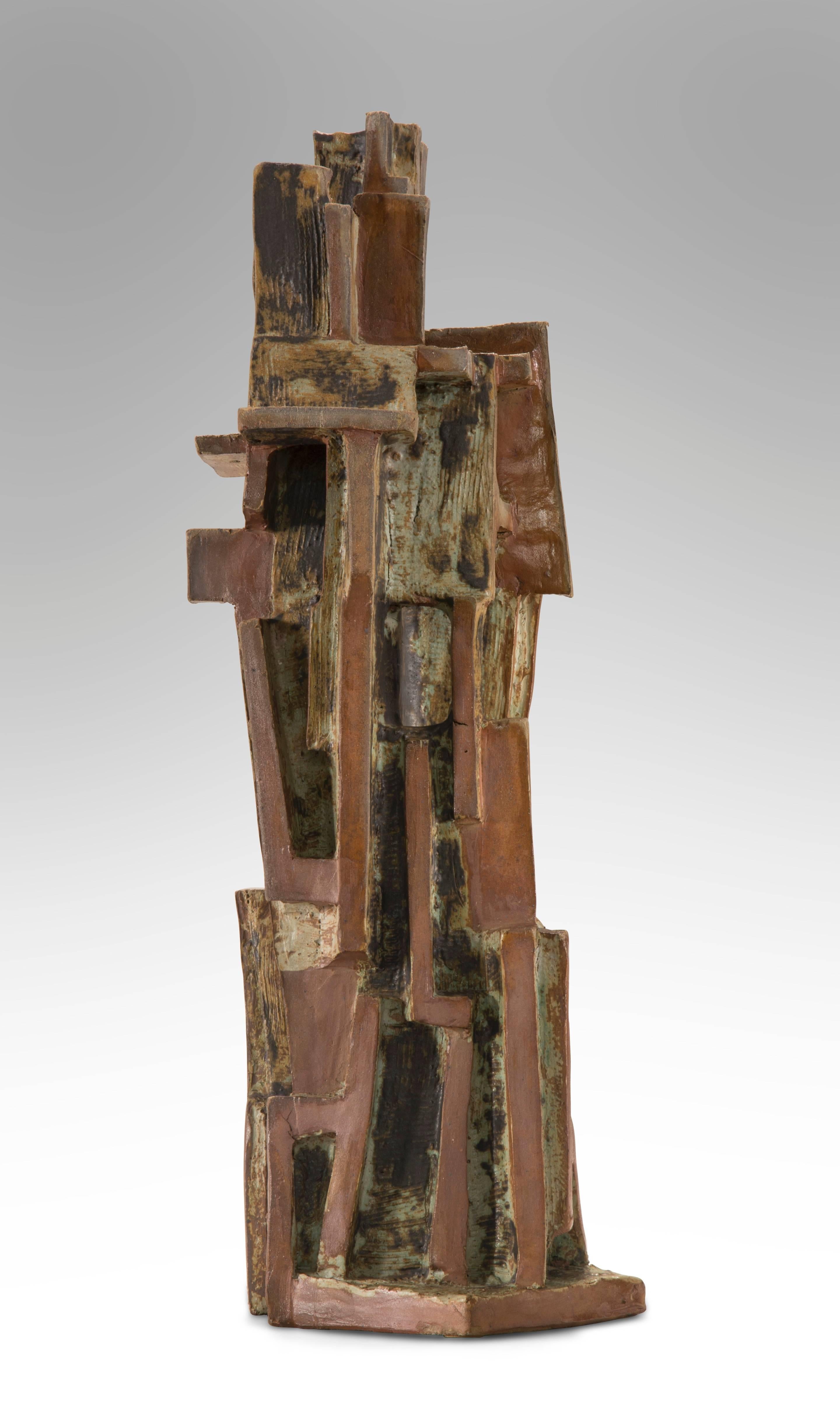 Mid-Century Modern Vassil Ivanoff, Large French Architectural Partially Glazed Stoneware Sculpture For Sale