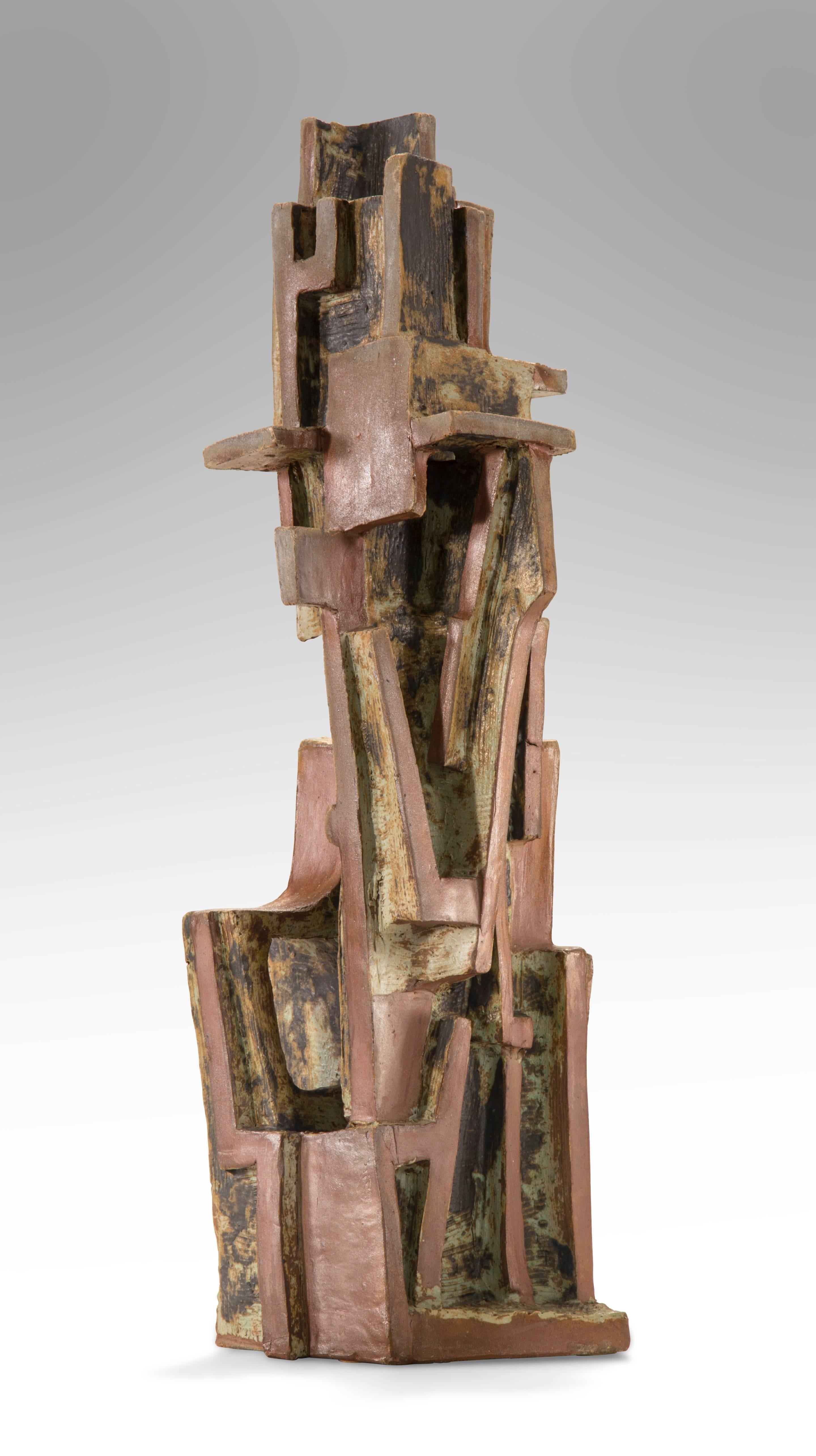 20th Century Vassil Ivanoff, Large French Architectural Partially Glazed Stoneware Sculpture For Sale