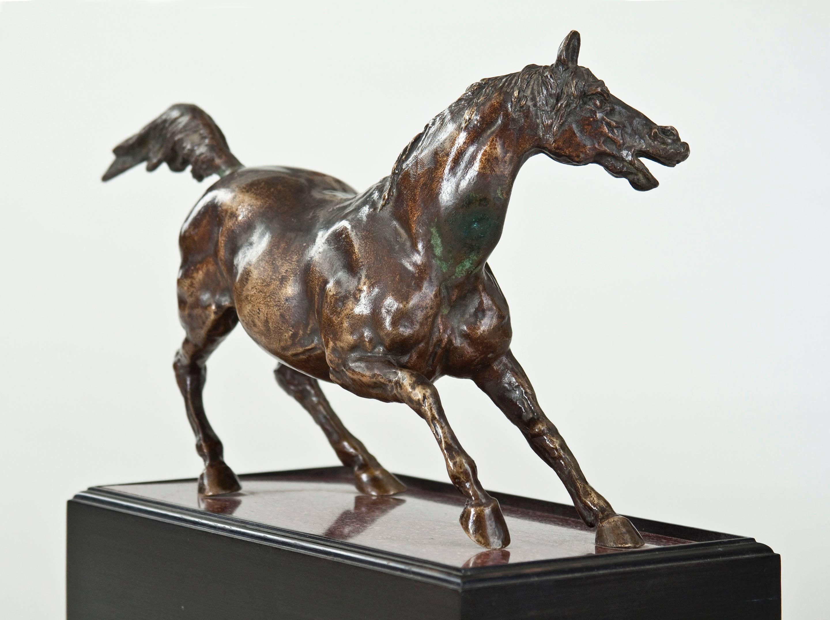 With a rich golden patina, the ears alert, mouth open and head turned, the front legs forward and rear legs angled, the tail erect, resting on a slab of Egyptian porphyry set within a ebonized wooden rectangular pedestal with a molded base.