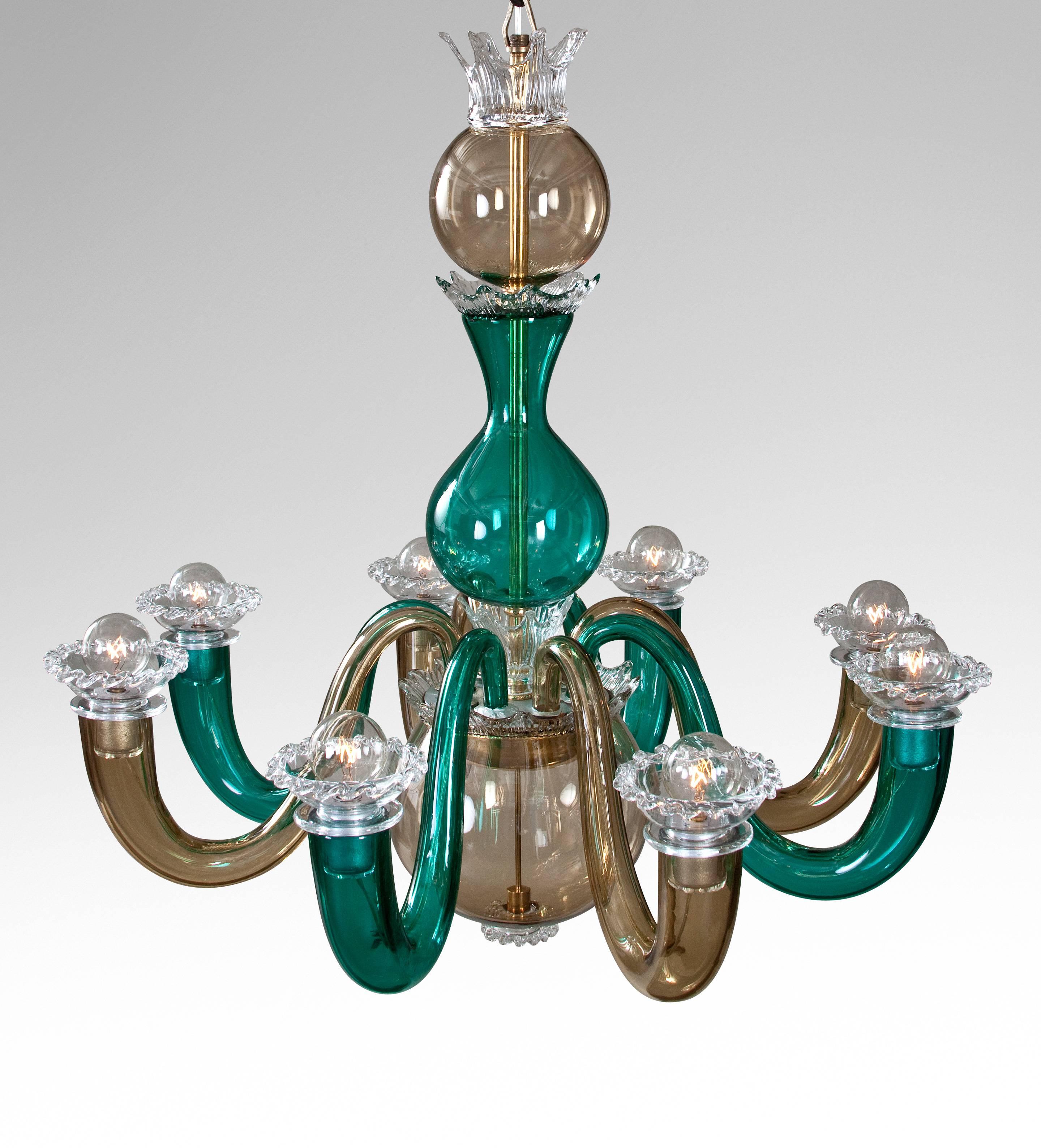 Gio Ponti for Venini, an Original Period Murano Glass 8 Arm Chandelier
A classic Ponti design in rarely seen color combination, a very attractive chandelier. The baluster and spherical standard adorned in a series of crowns, issuing 8 s-shaped arms,