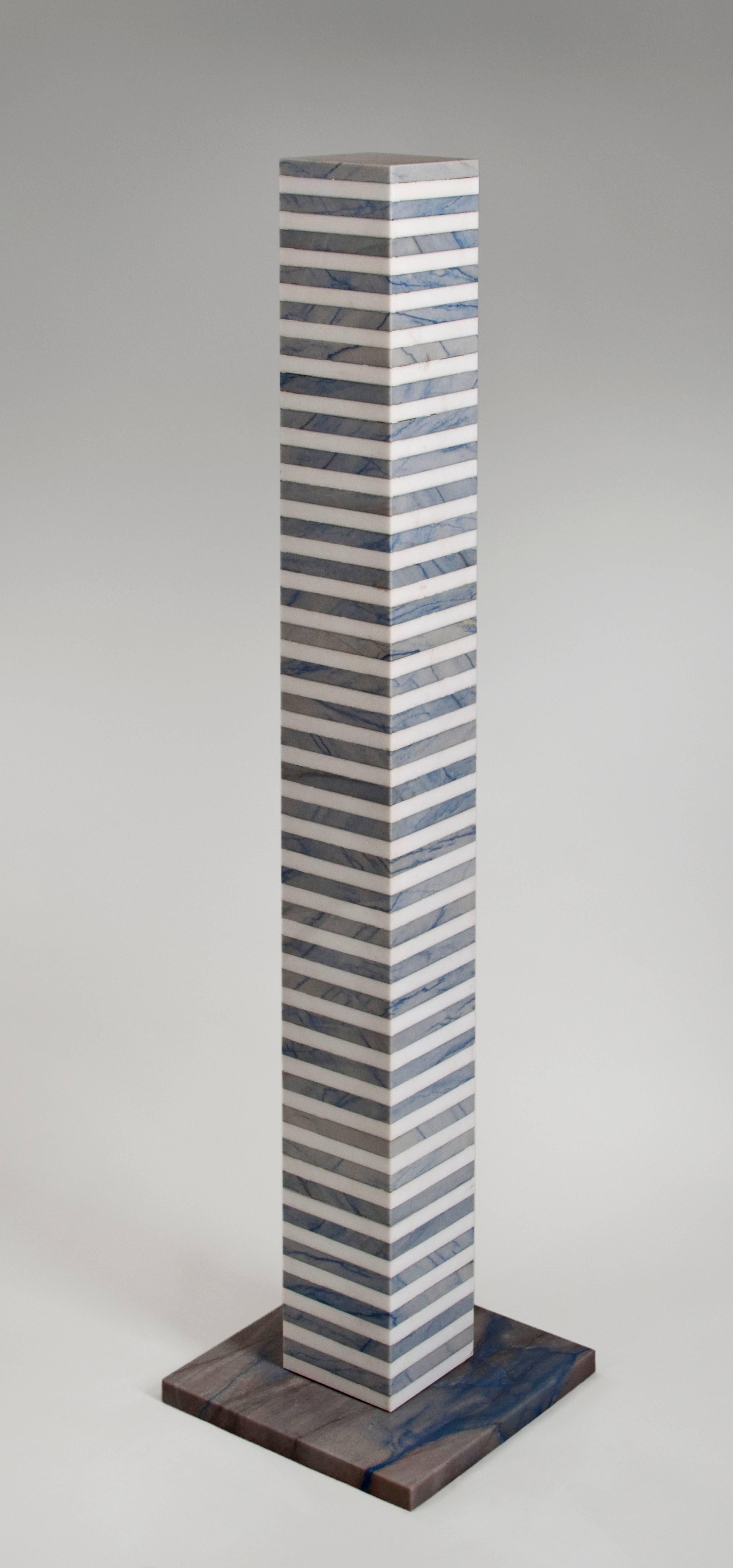 Ettore Sottsass, Italian Marble Pedestal, Stand No. 6
The white and gray stripes are perhaps an homage to the Sienna Cathedral.  A remarkable work.
The alternating horizontal bands of azul macuba marble and critalino marble on a square base of