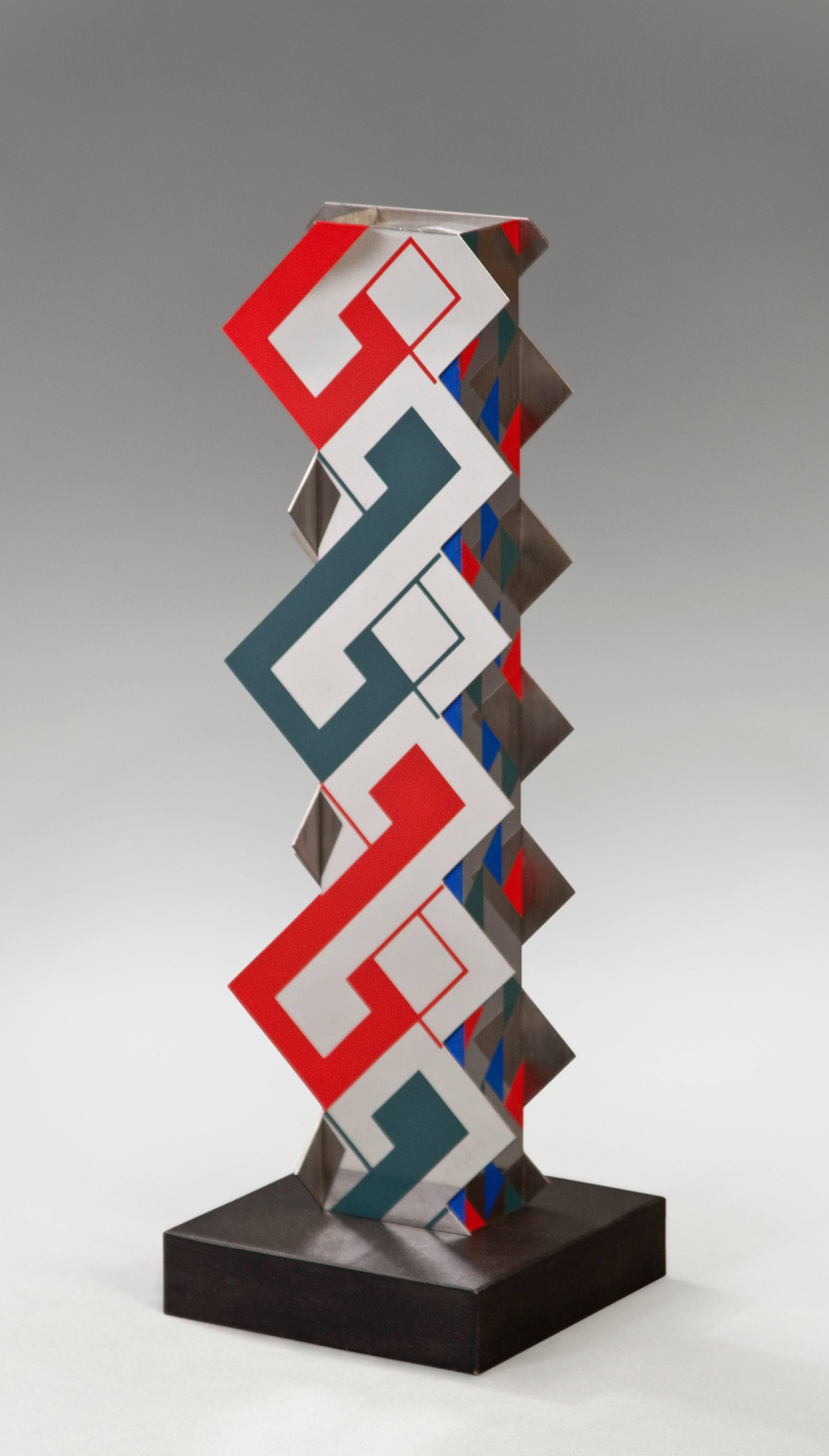 Roland Cabot, Untitled, French Steel and Painted Sculpture 
The quadrilateral totem of overlapping corners, the whole with silk-screened geometric designs. Signed: Cabot 45/200