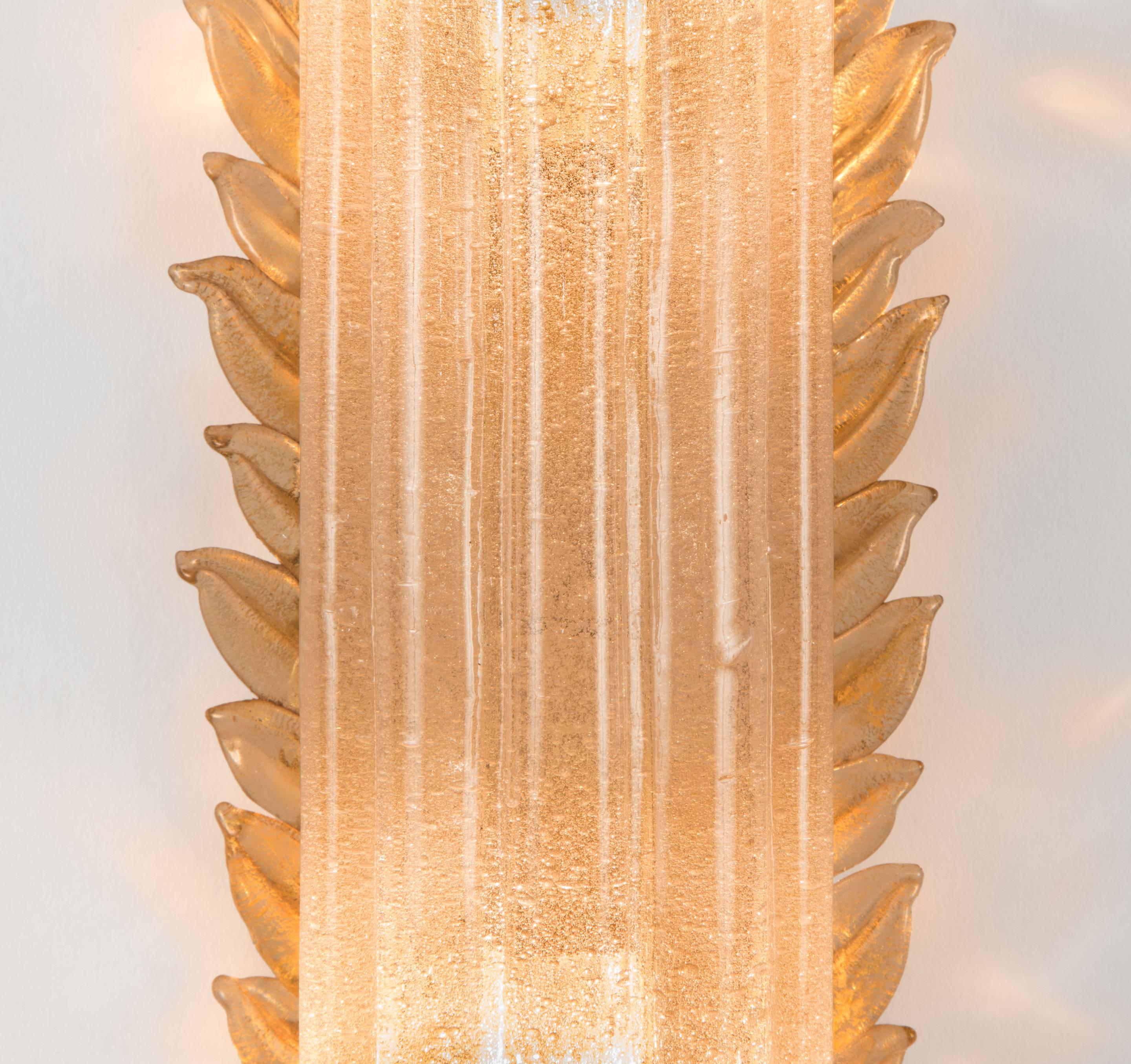 Modern Barovier & Toso, Pair of Large Murano Pulegoso and Gilt Glass Sconce (4 avail.) 