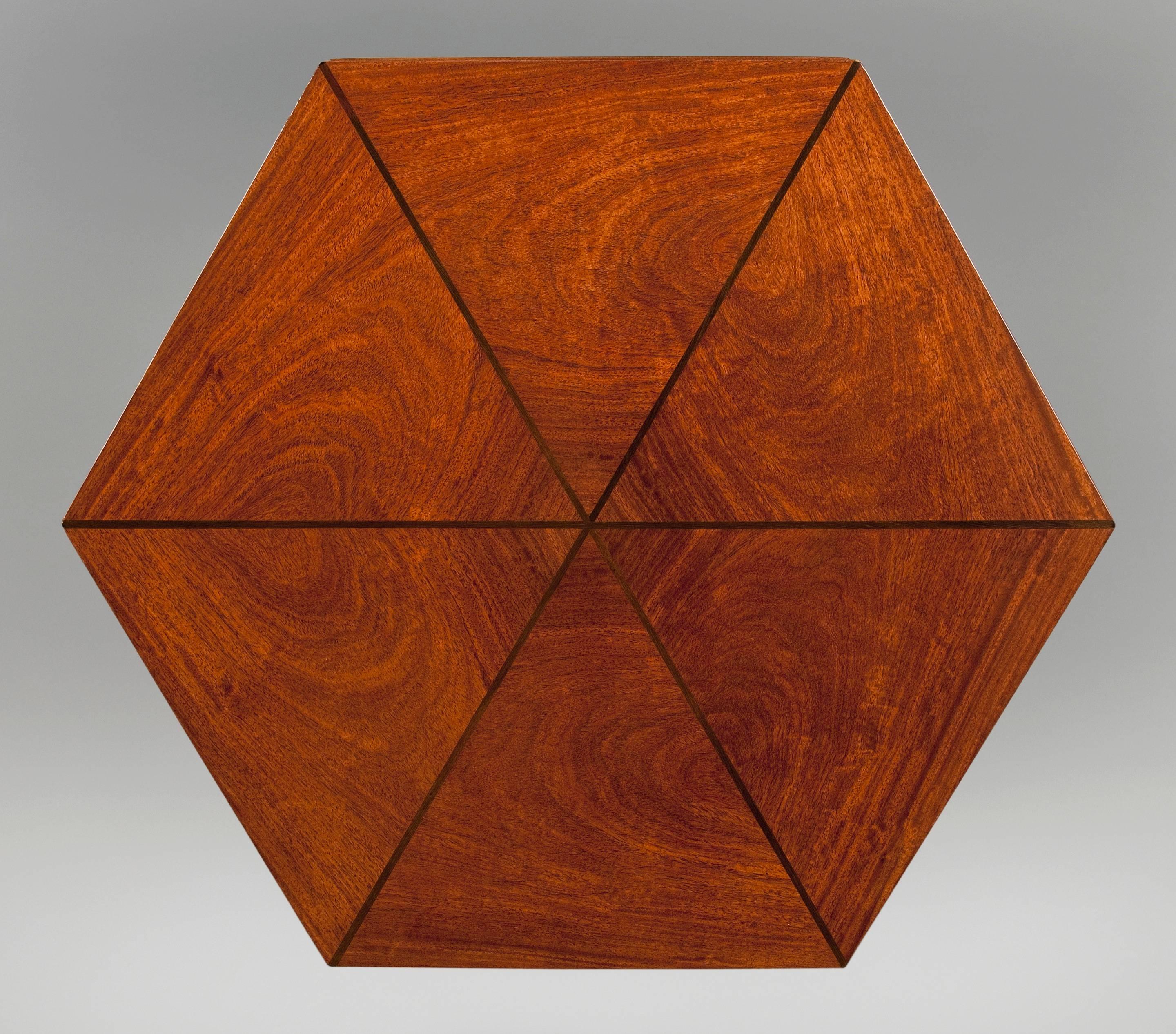 20th Century French Art Deco Ash and Bubinga Hexagonal Table With Drawer For Sale