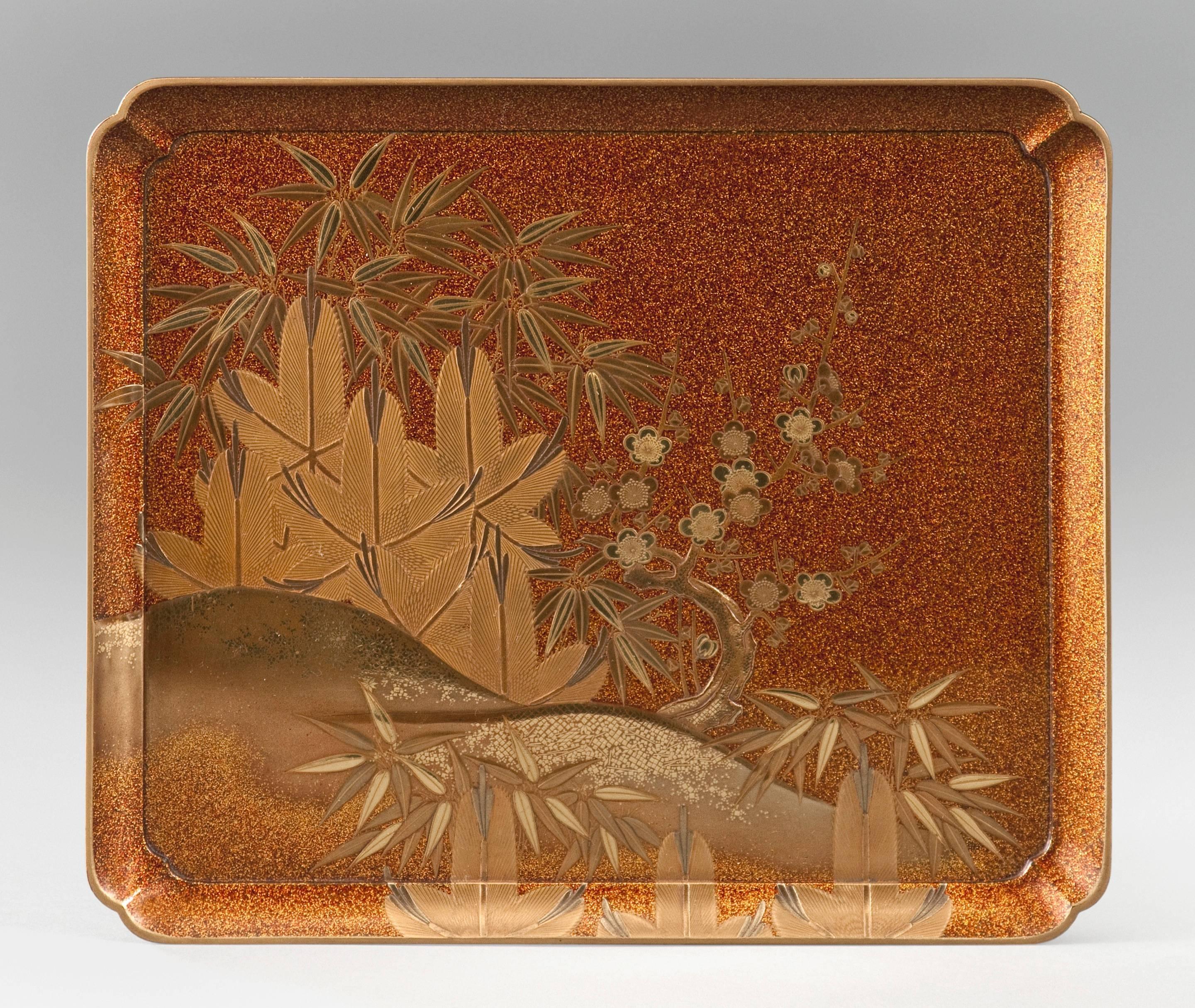 19th Century A Japanese Gold Lacquer Friends of Winter Box with Interior Tray