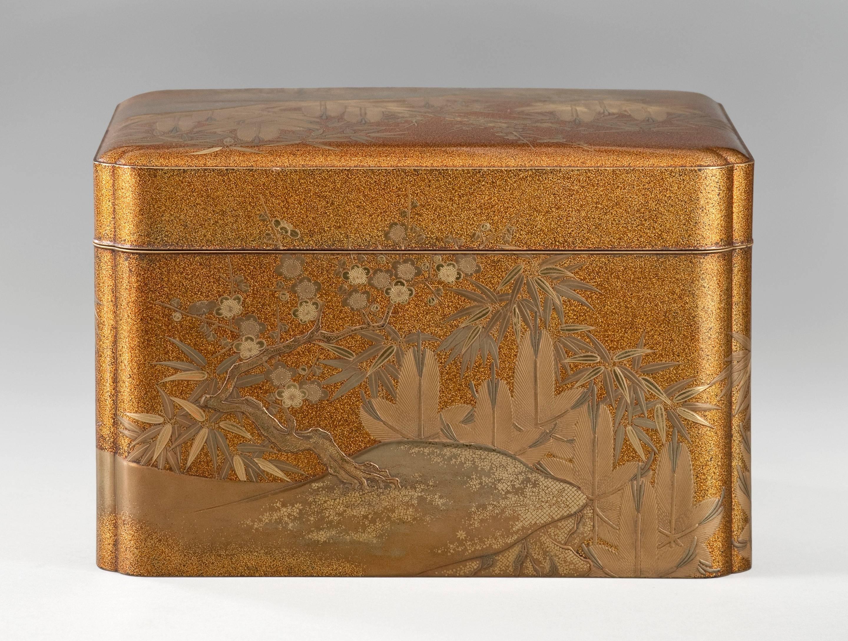 Meiji A Japanese Gold Lacquer Friends of Winter Box with Interior Tray