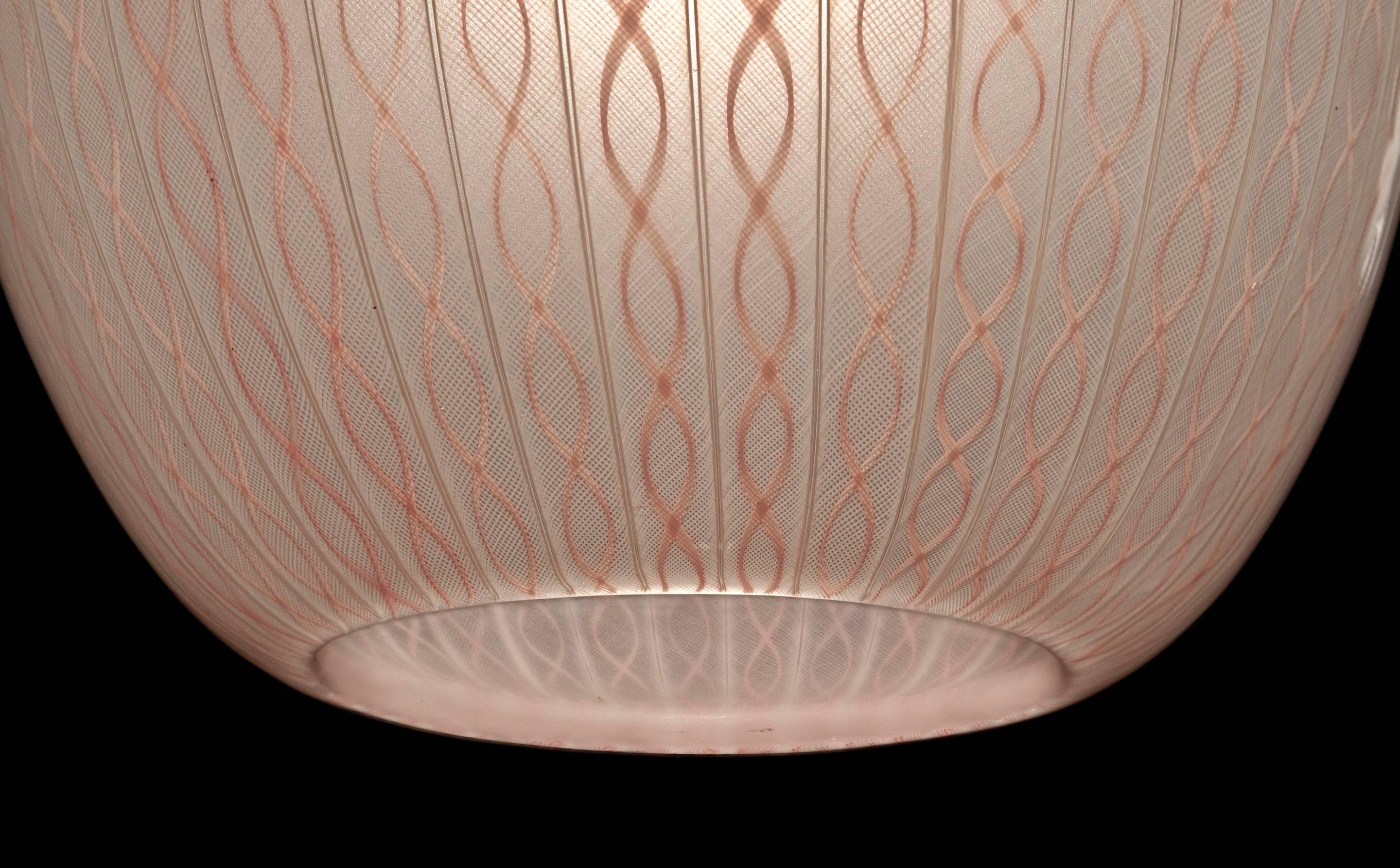 Mid-Century Modern Venini, Murano Pink Filigrana Glass Pendent Chandelier