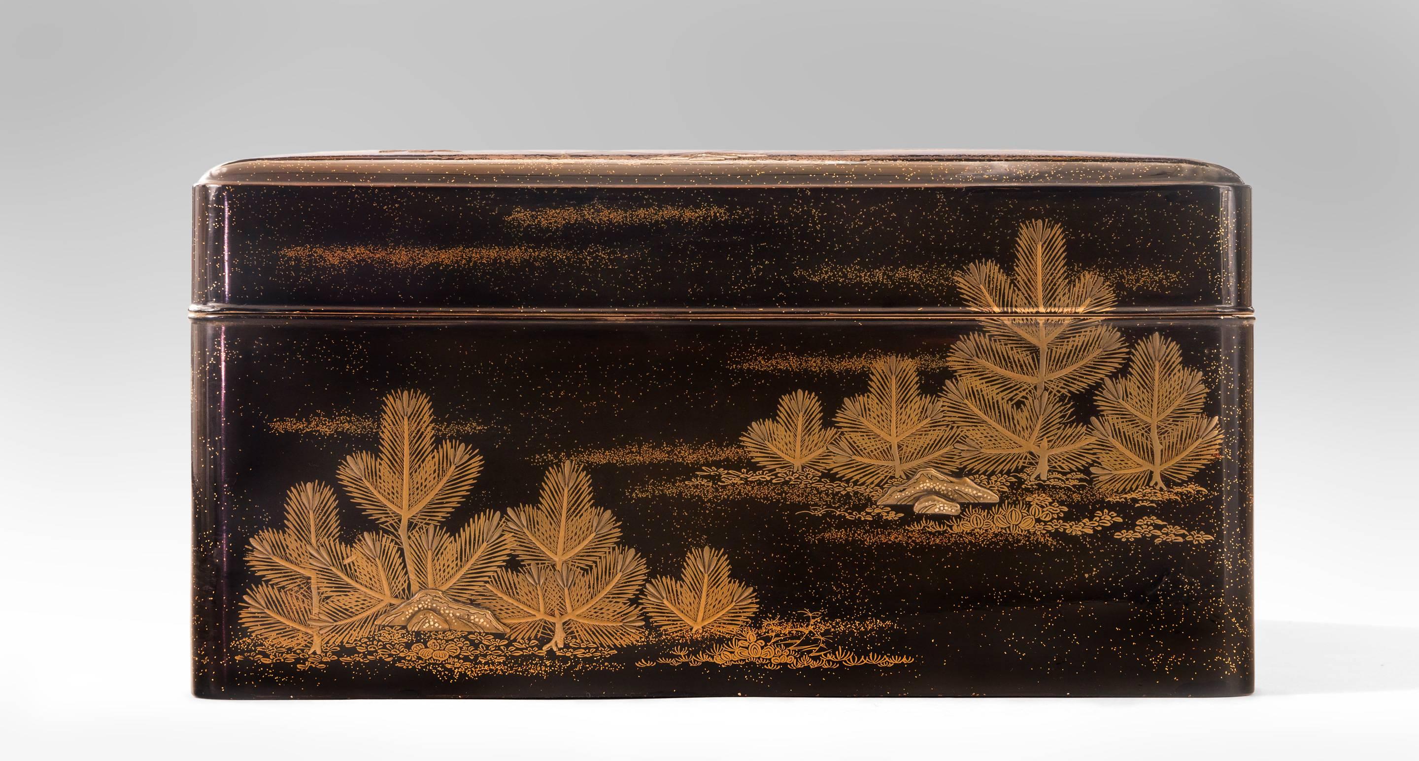 20th Century A Large Japanese Gold Lacquer Box (Bunko) Depicting Cranes and Pine Trees For Sale