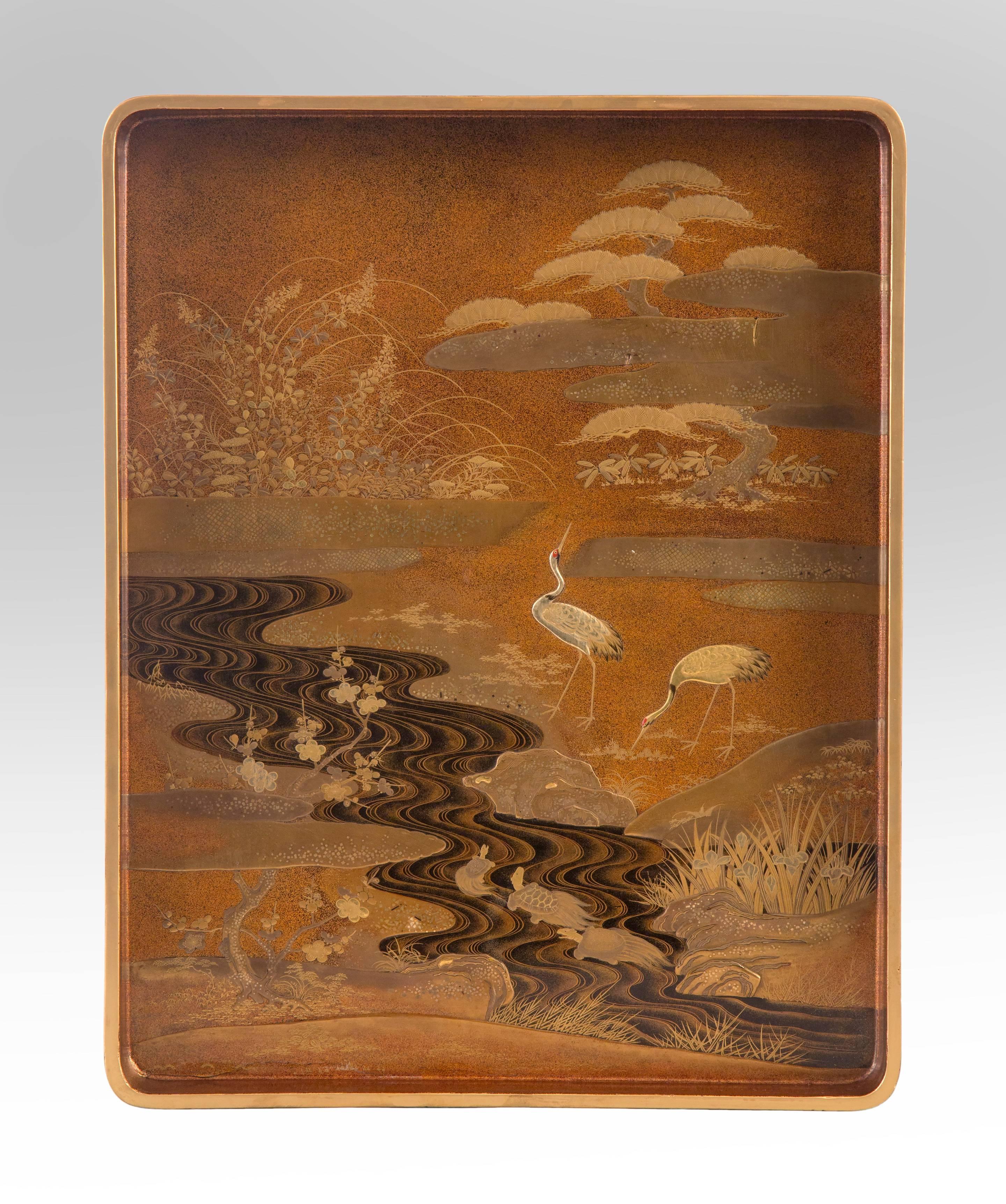 Meiji A Large Japanese Gold Lacquer Box (Bunko) Depicting Cranes and Pine Trees For Sale