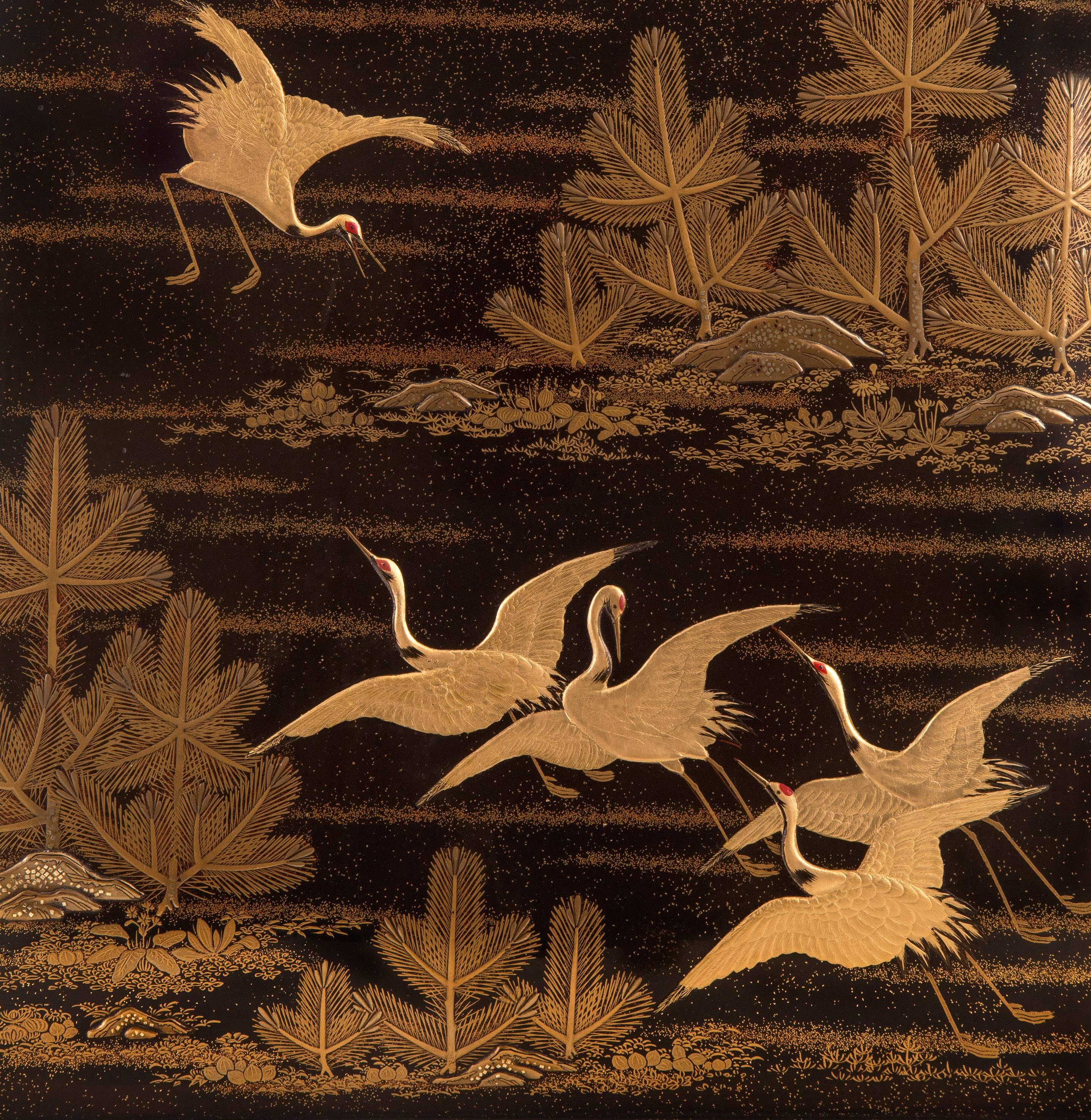 A Large Japanese Gold Lacquer Box (Bunko) Depicting Cranes and Pine Trees For Sale 2