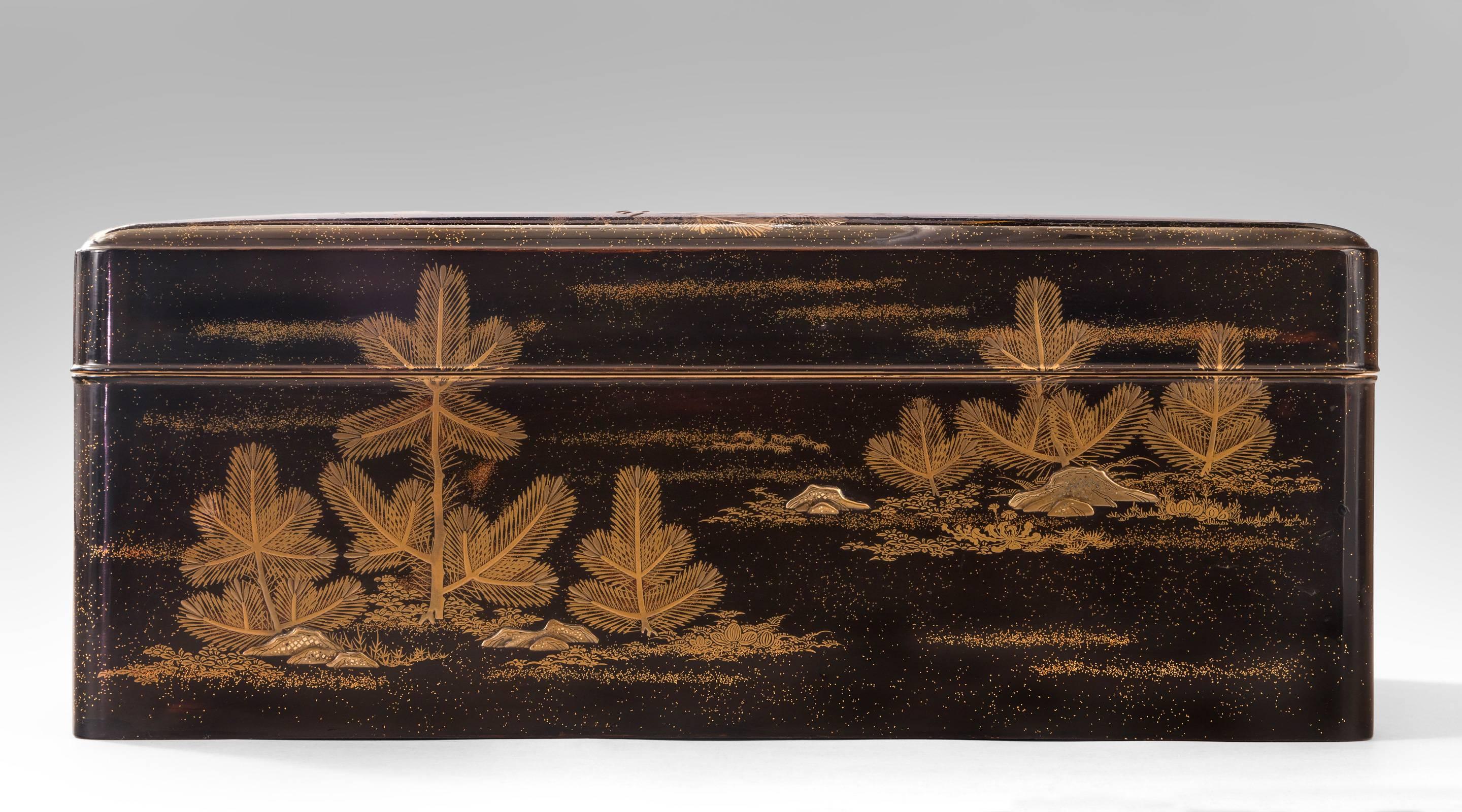 A Large Japanese Gold Lacquer Box (Bunko) Depicting Cranes and Pine Trees For Sale 1