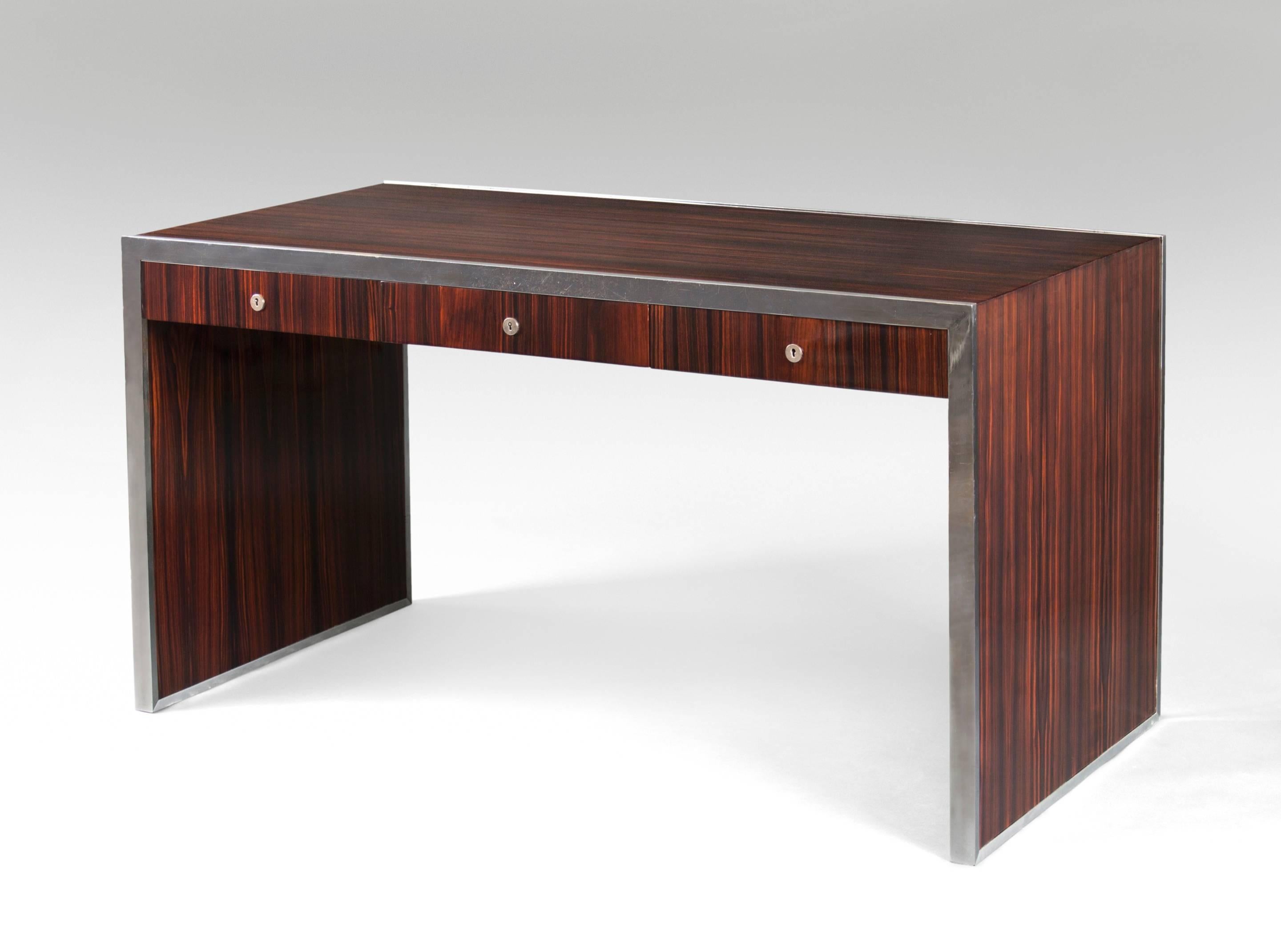 Mid-20th Century Jacques Adnet, French Macassar Ebony and Chrome-Plated Metal Desk For Sale