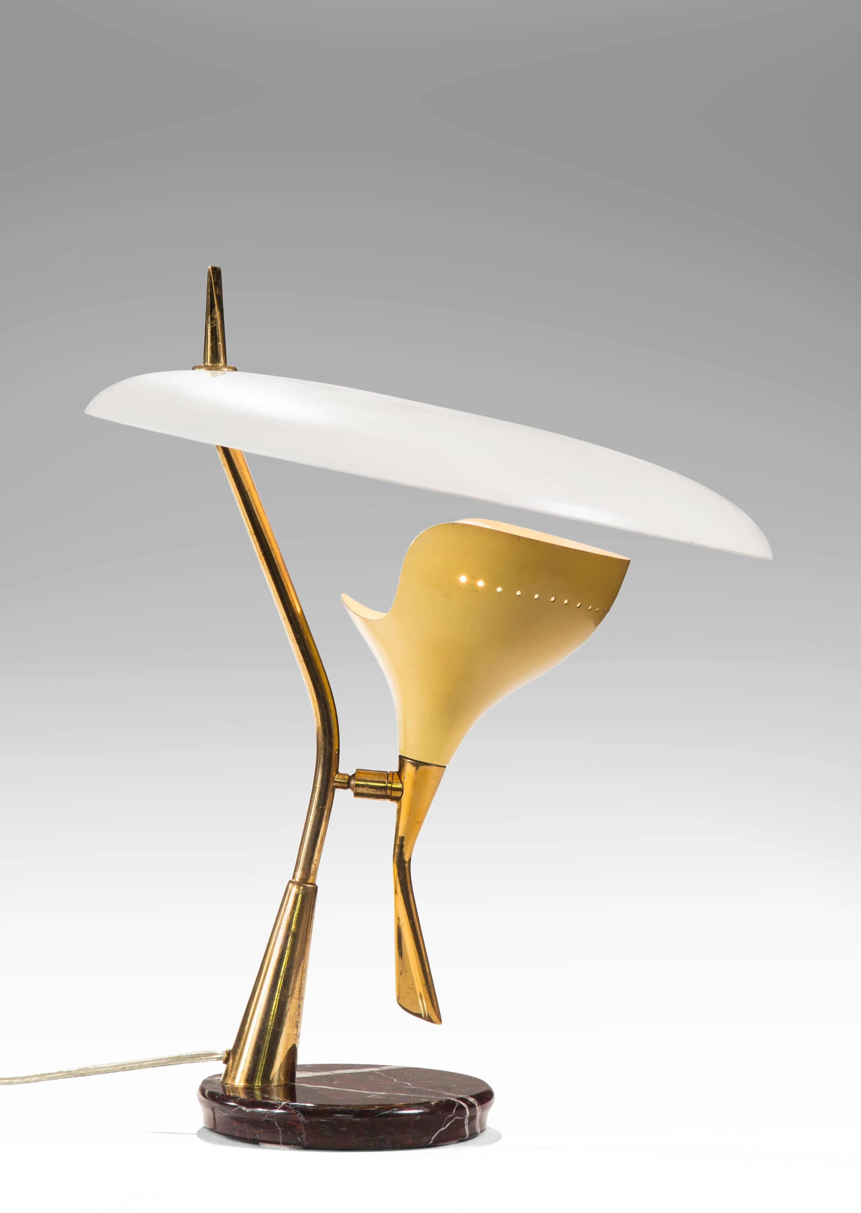 Mid-Century Modern Lumen, Italian Painted Metal, Marble, and Brass Table Lamp For Sale