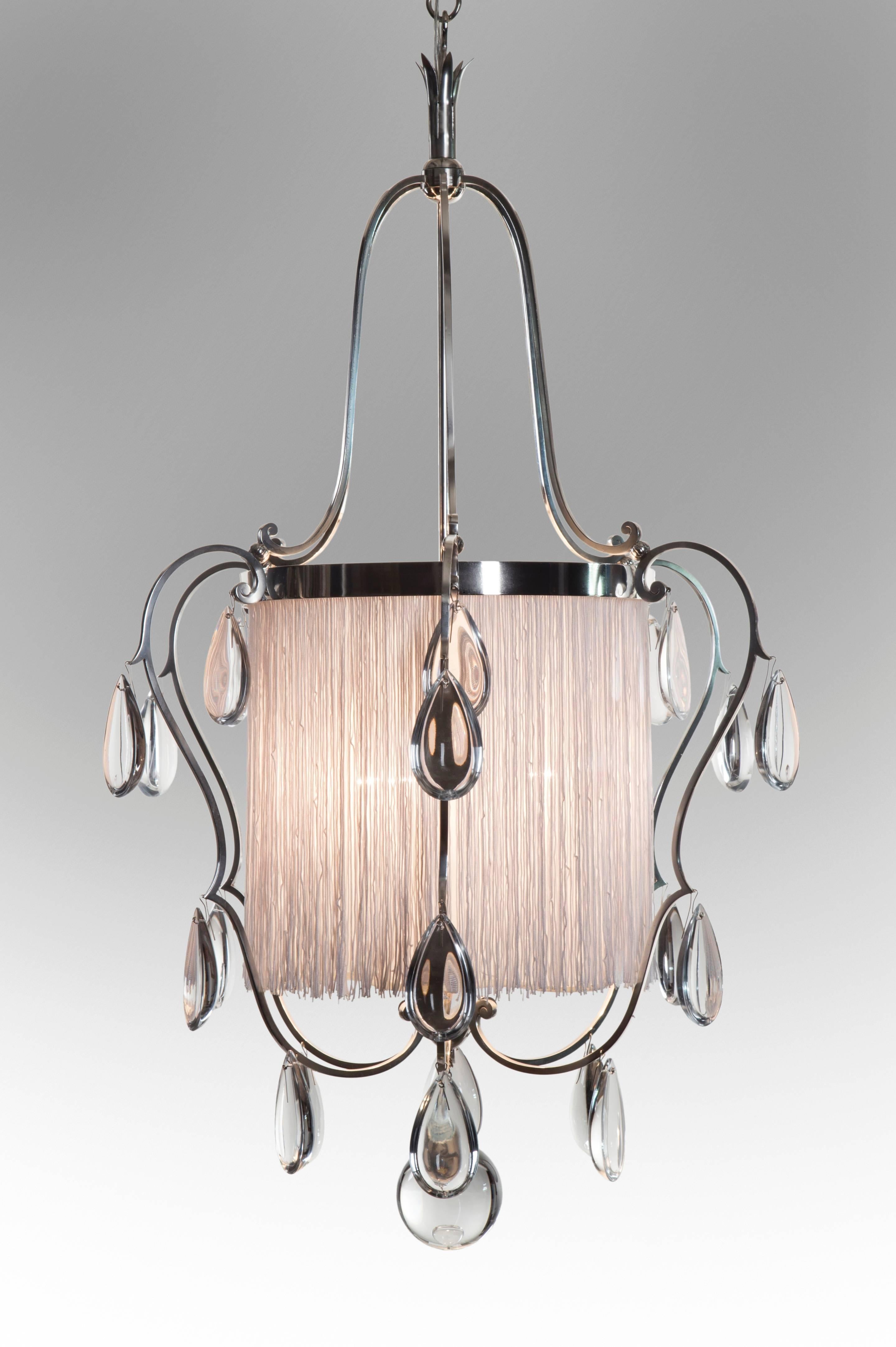 Art Deco Elis Bergh, Swedish Silvered Brass, Silk and Glass Chandelier / Lantern For Sale