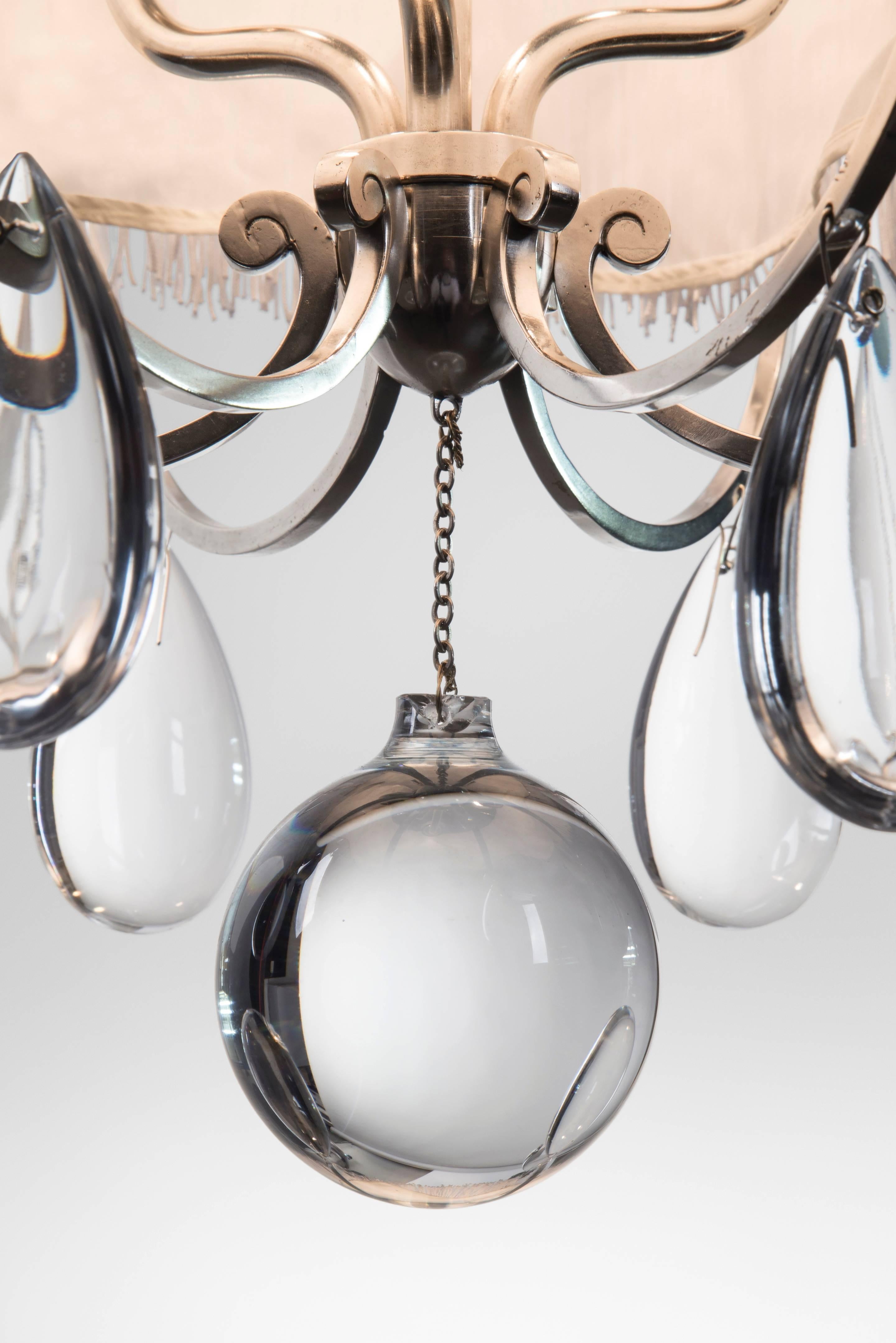 Elis Bergh, Swedish Silvered Brass, Silk and Glass Chandelier / Lantern For Sale 1